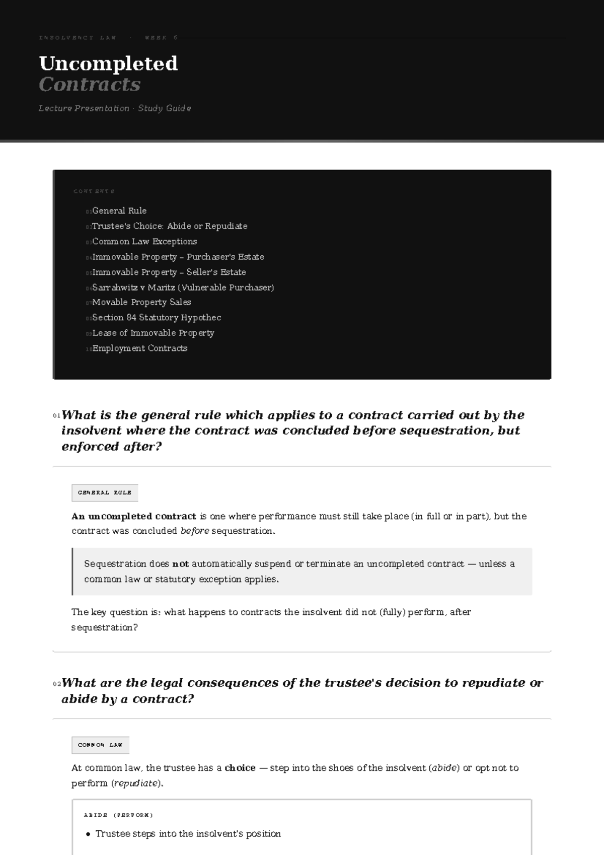 INSOLVENCY LAW WEEK 6: Uncompleted Contracts Study Guide - Studocu