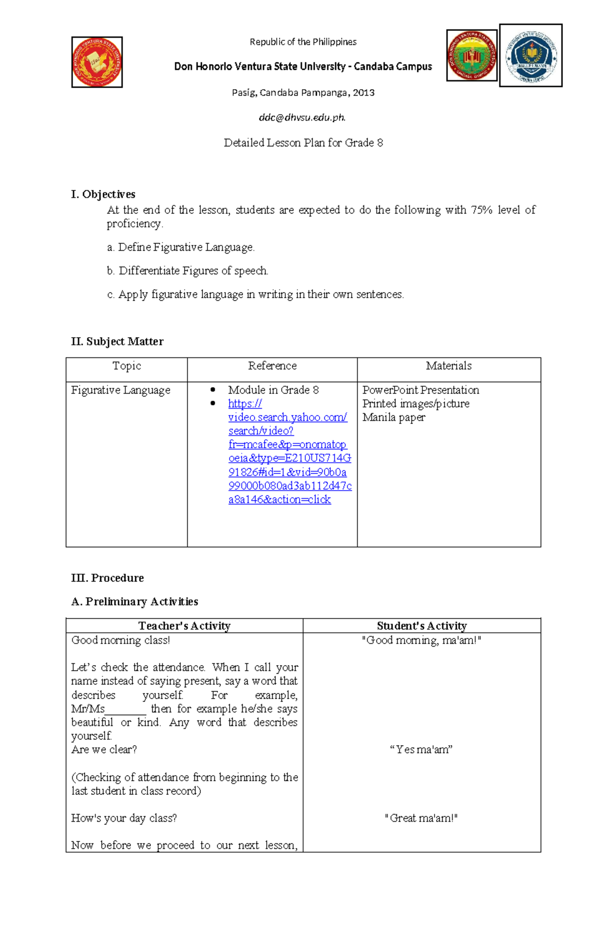 Grade 8 Detailed Lesson Plan on Figurative Language (DLP) - Studocu