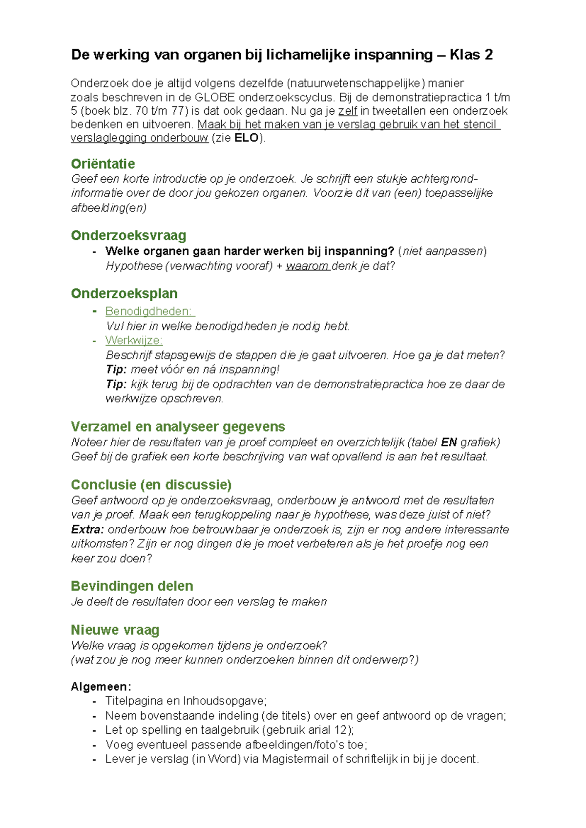 Onderzoek naar de werking van organen bij inspanning - Klas 2 - Studeersnel
