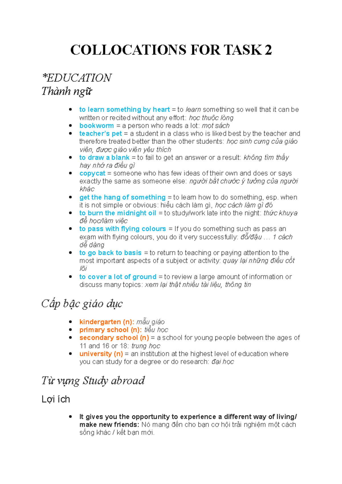Collocations FOR TASK 2 - COLLOCATIONS FOR TASK 2 *EDUCATION Thành ngữ ...