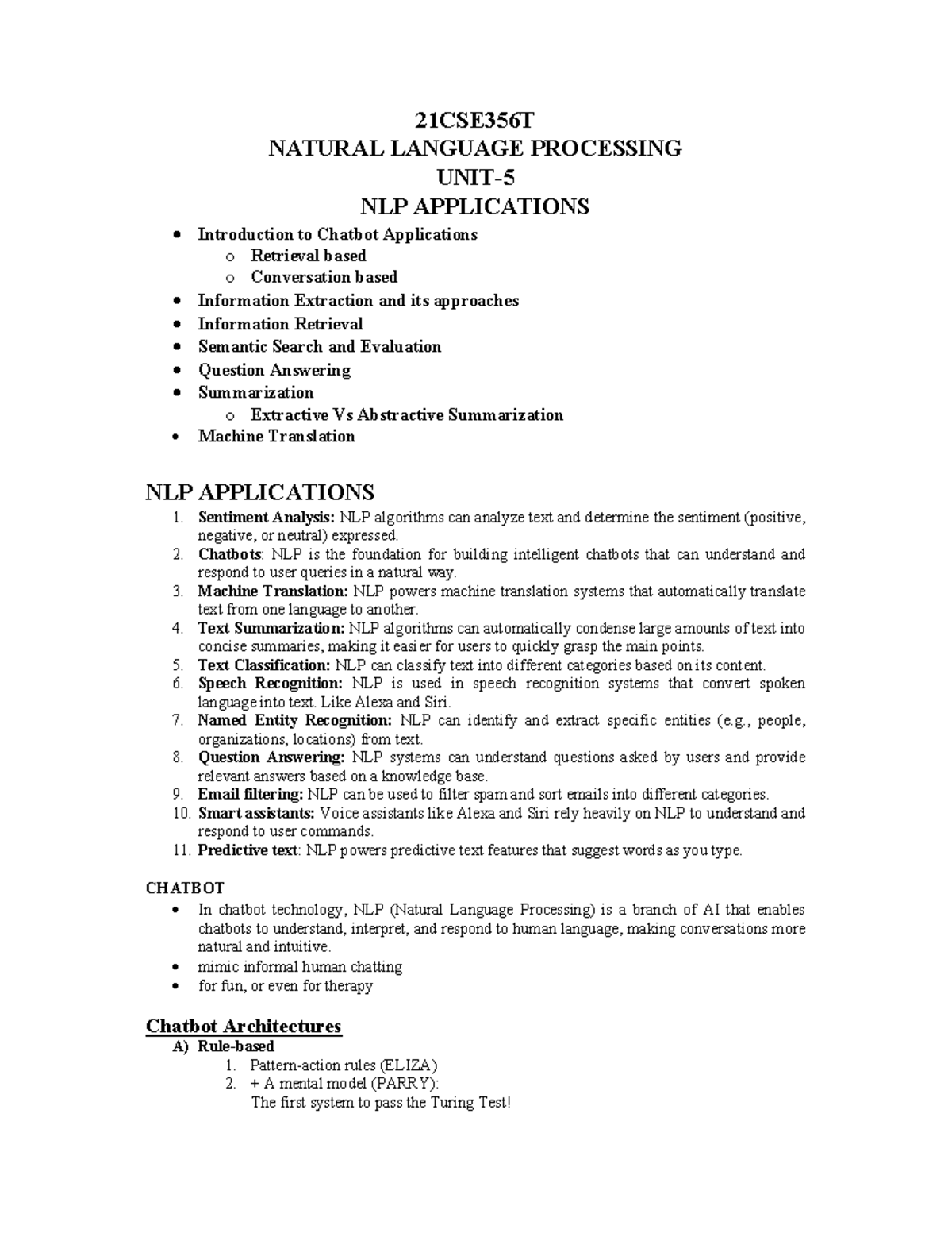 21CSE356T NLP Applications: Chatbots, Information Retrieval ...