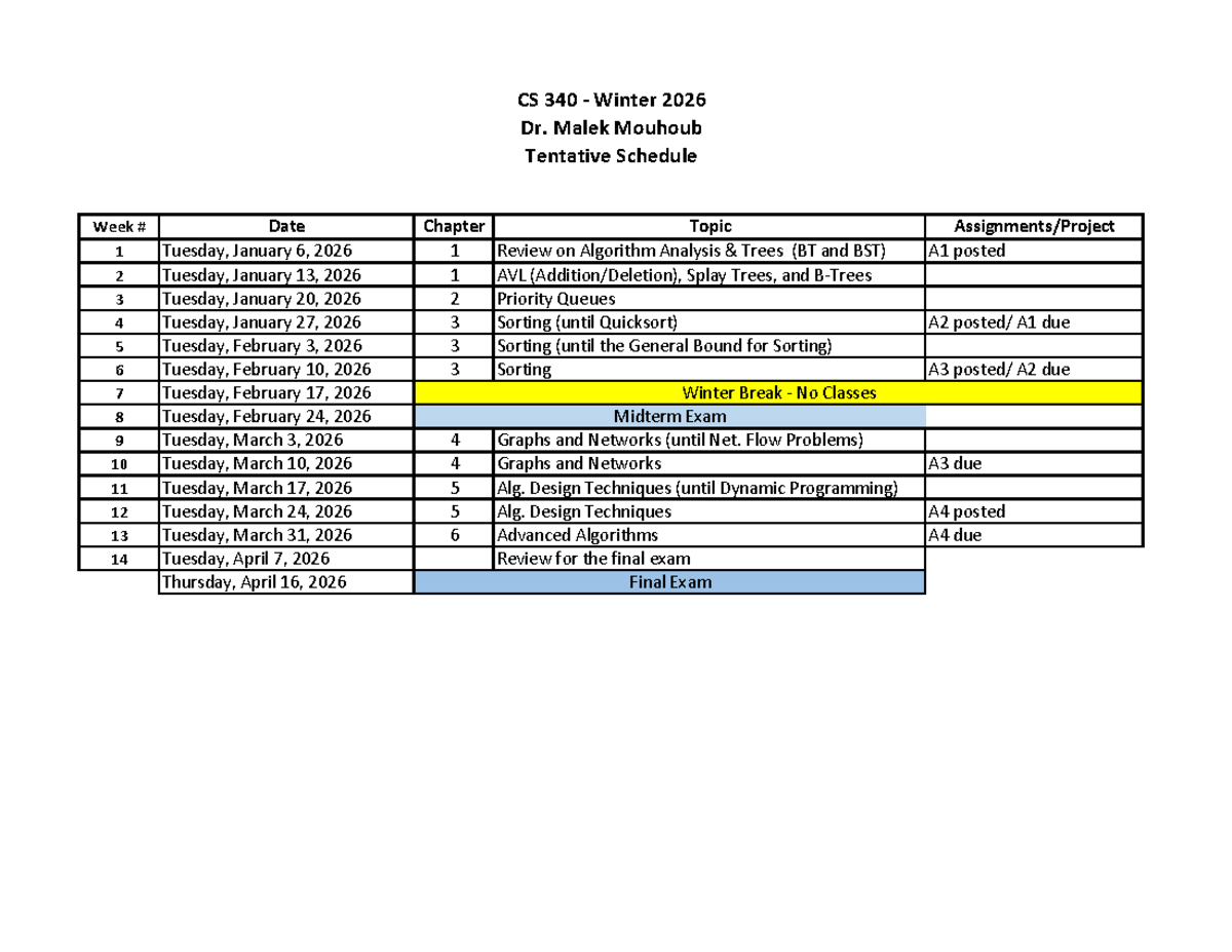 CS 340 Winter 2026 Tentative Schedule and Topics Overview - Studocu
