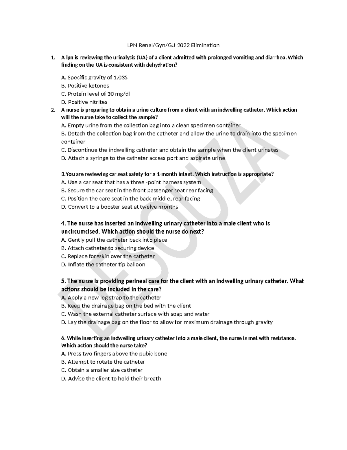 Lpn renal 22 - homework - LPN Renal/Gyn/GU 2022 Elimination 1. A lpn is ...