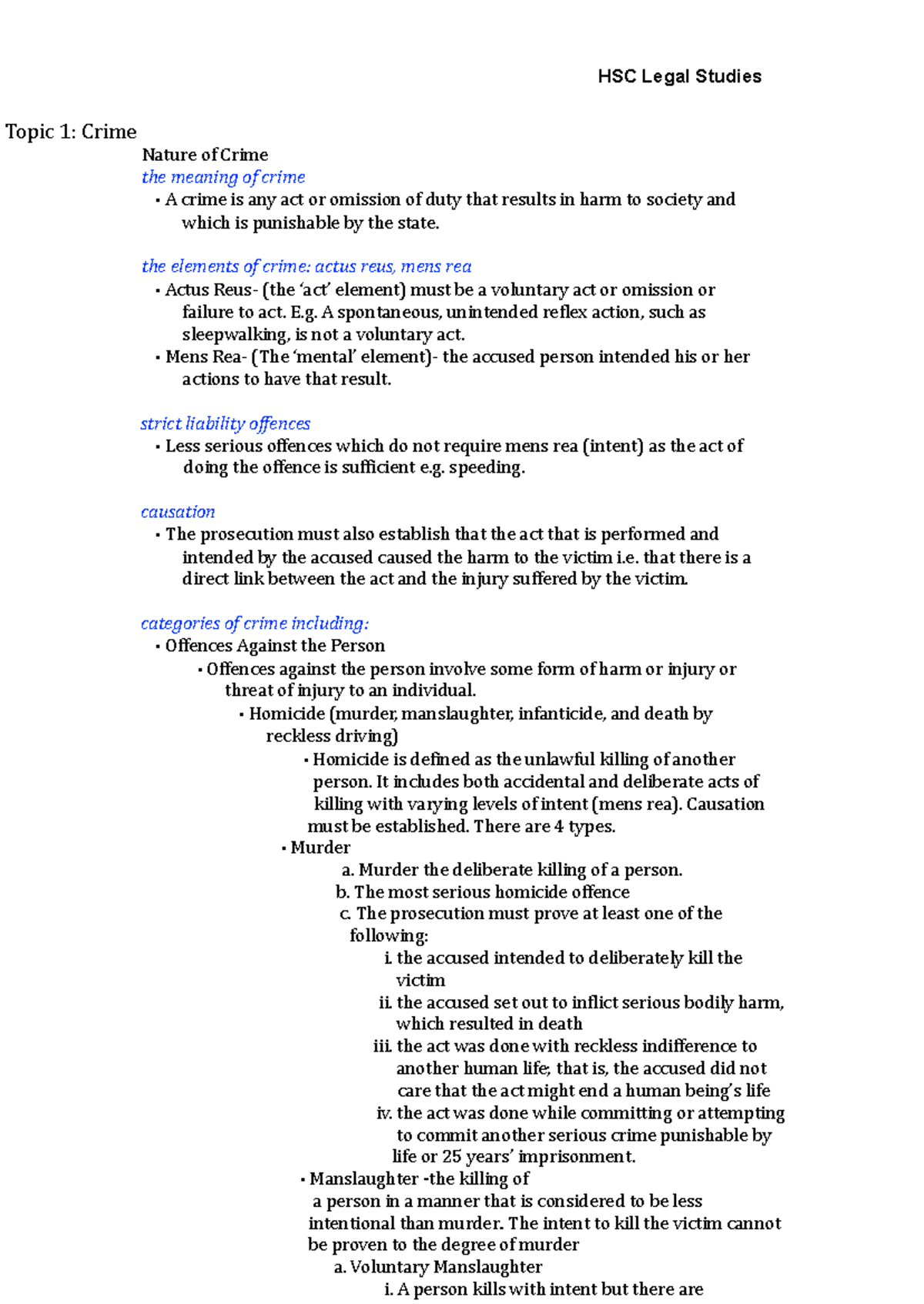 Legal Notes - HSC Legal Studies Topic 1: Crime Nature of Crime the ...