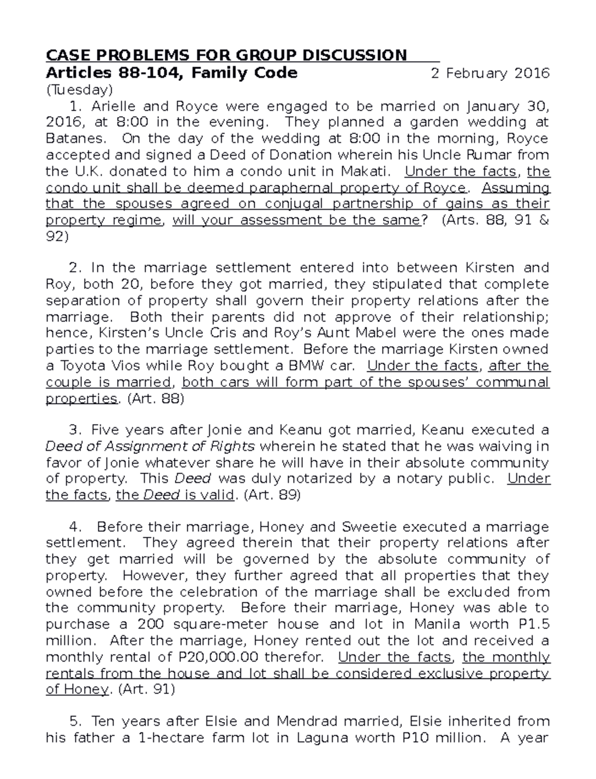 FC, ARTS. 88-104 Case Problems for Group Discussion - Studocu