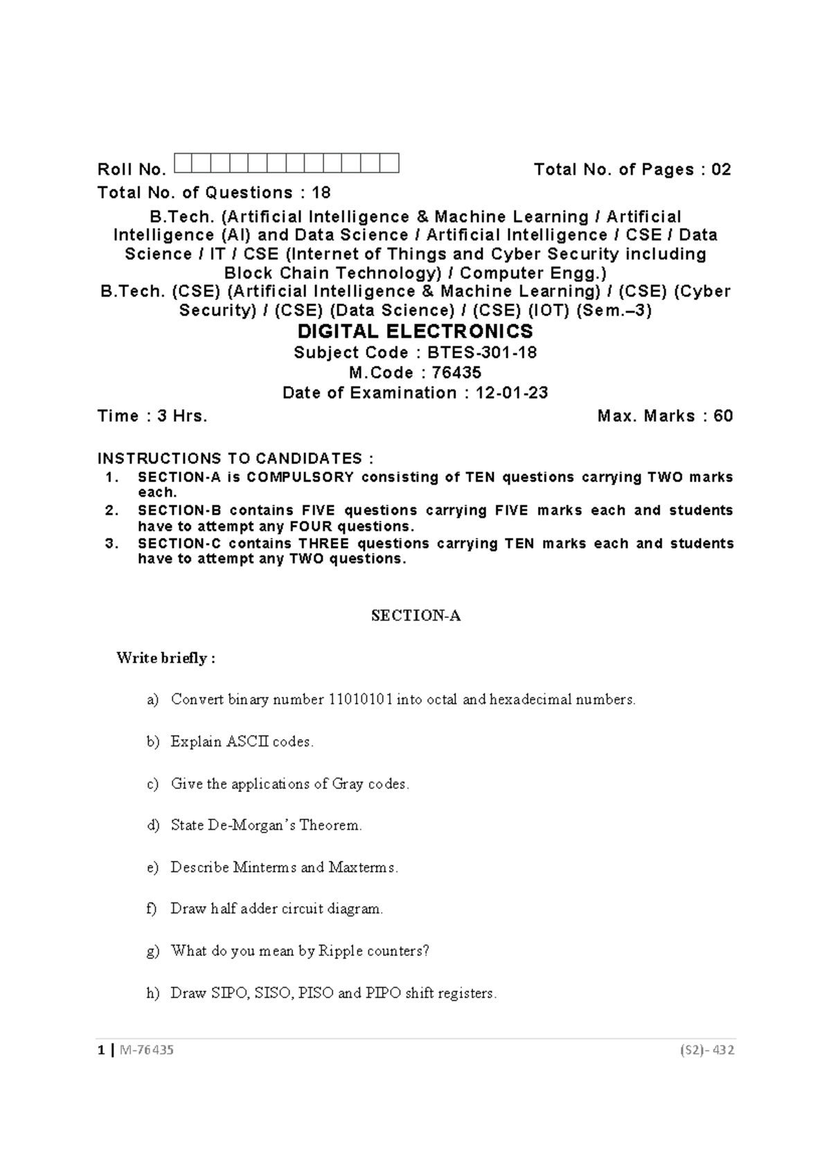 Digital Electronics Exam Notes - B.Tech. (CSE) M.Code: 76435 - Studocu