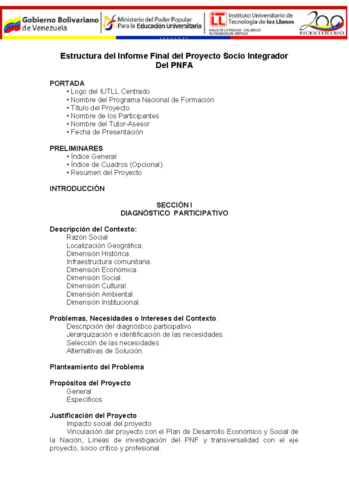 Estructura del Proyecto Socio Integrador PNFA: Informe Final - Studocu