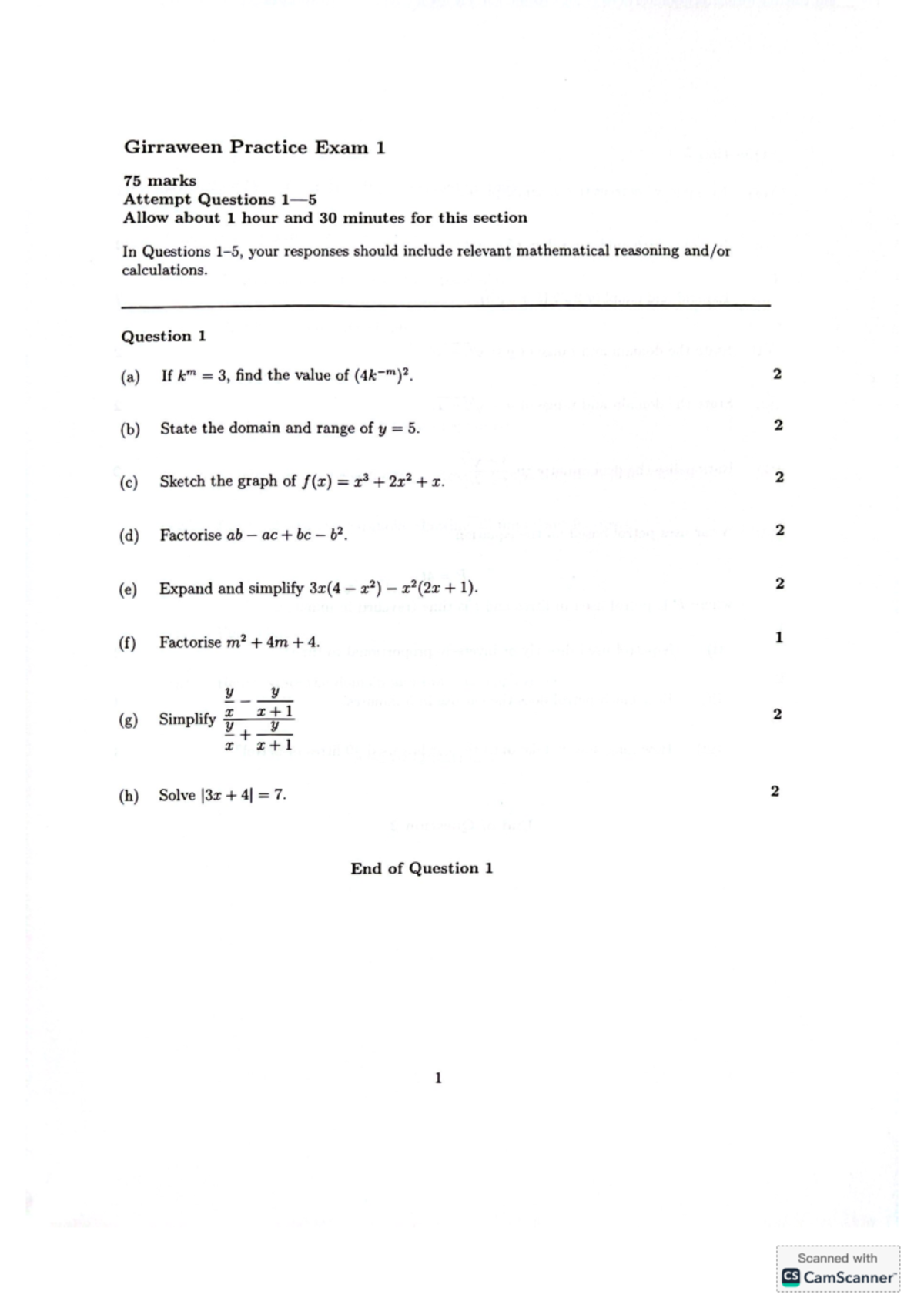 2u exam booklet 1 - girra past paper - Girraween Practice Exam 1 75 ...