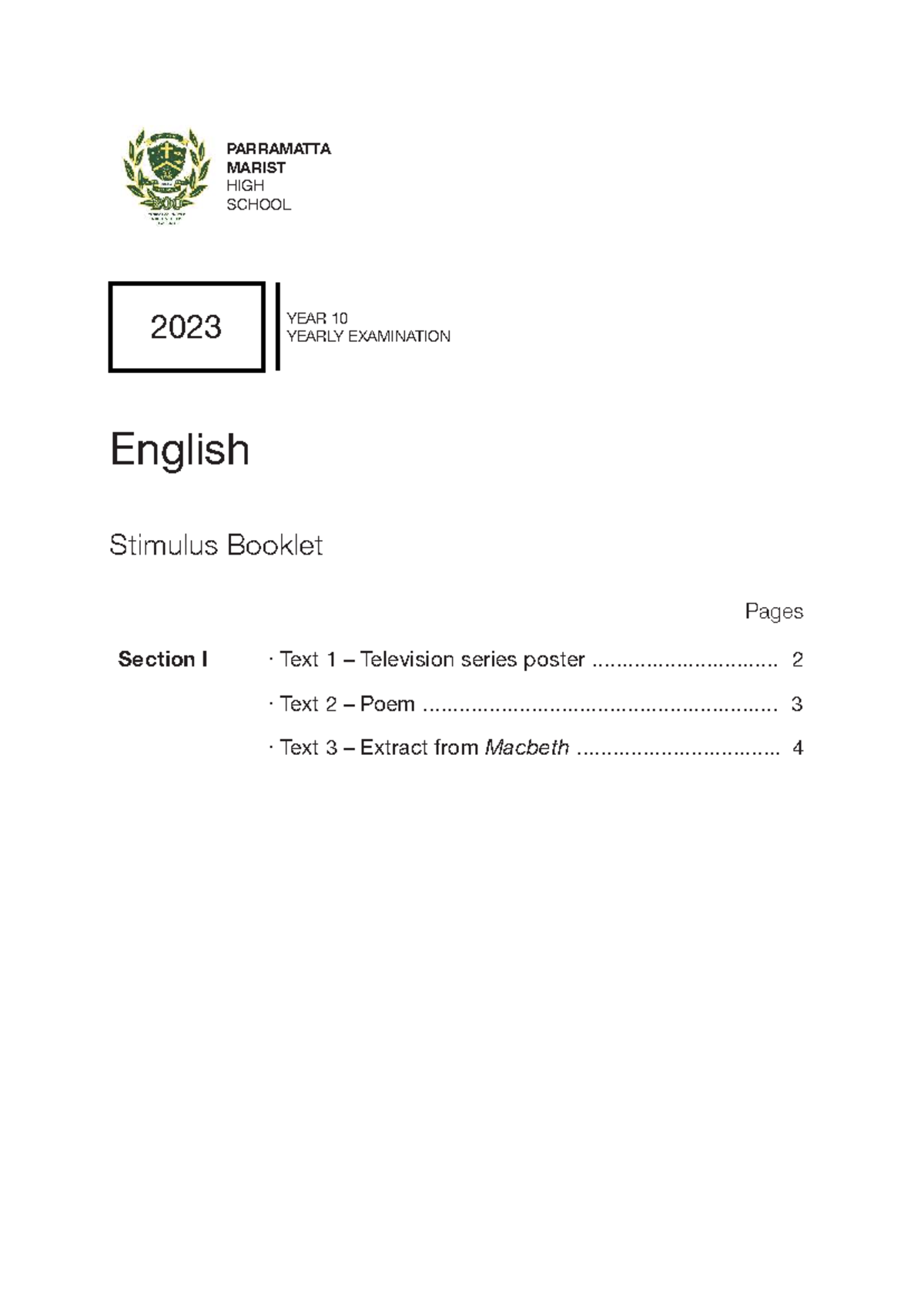 10ENG - Year 10 English Yearly Exam 2023 Stimulus Booklet - Studocu
