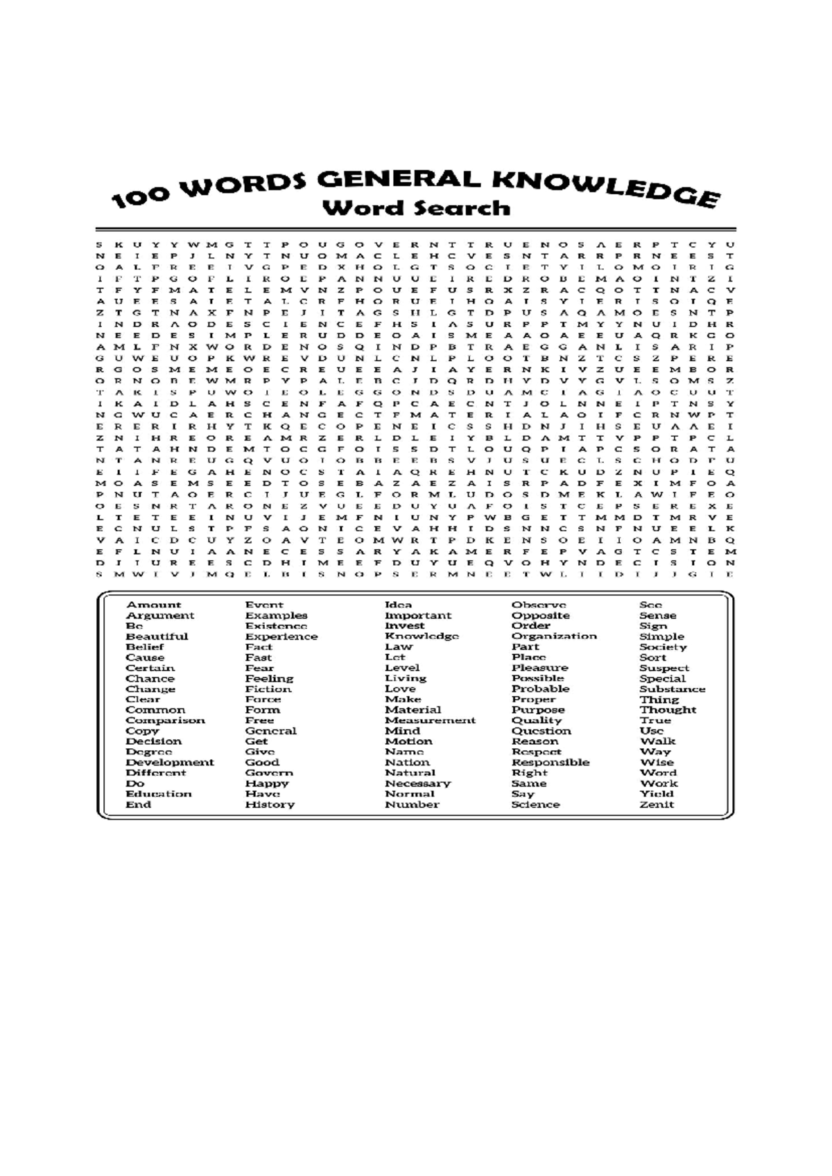General Knowledge Word Search - 100 Words Quiz - Studocu