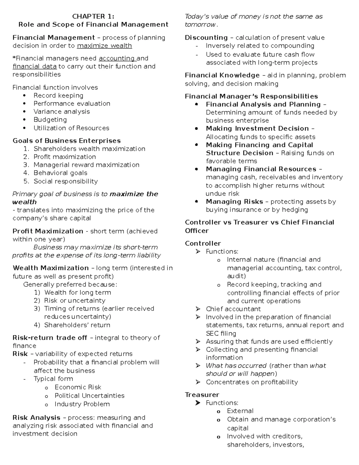 Financial Management Notes: Nature, Goals, and Functions Overview - Studocu
