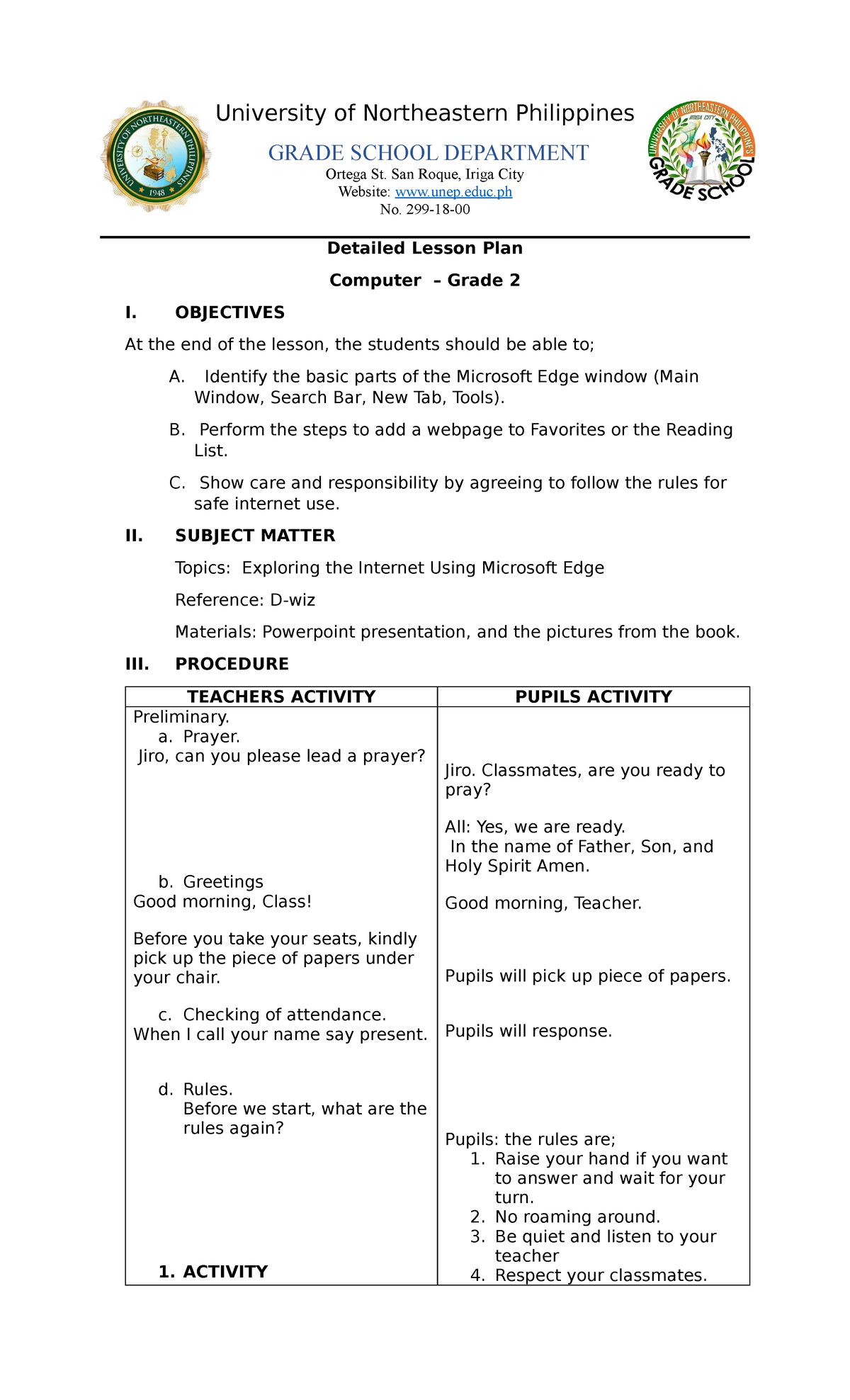 Detailed Lesson Plan: Computer Grade 2 - Exploring Microsoft Edge - Studocu