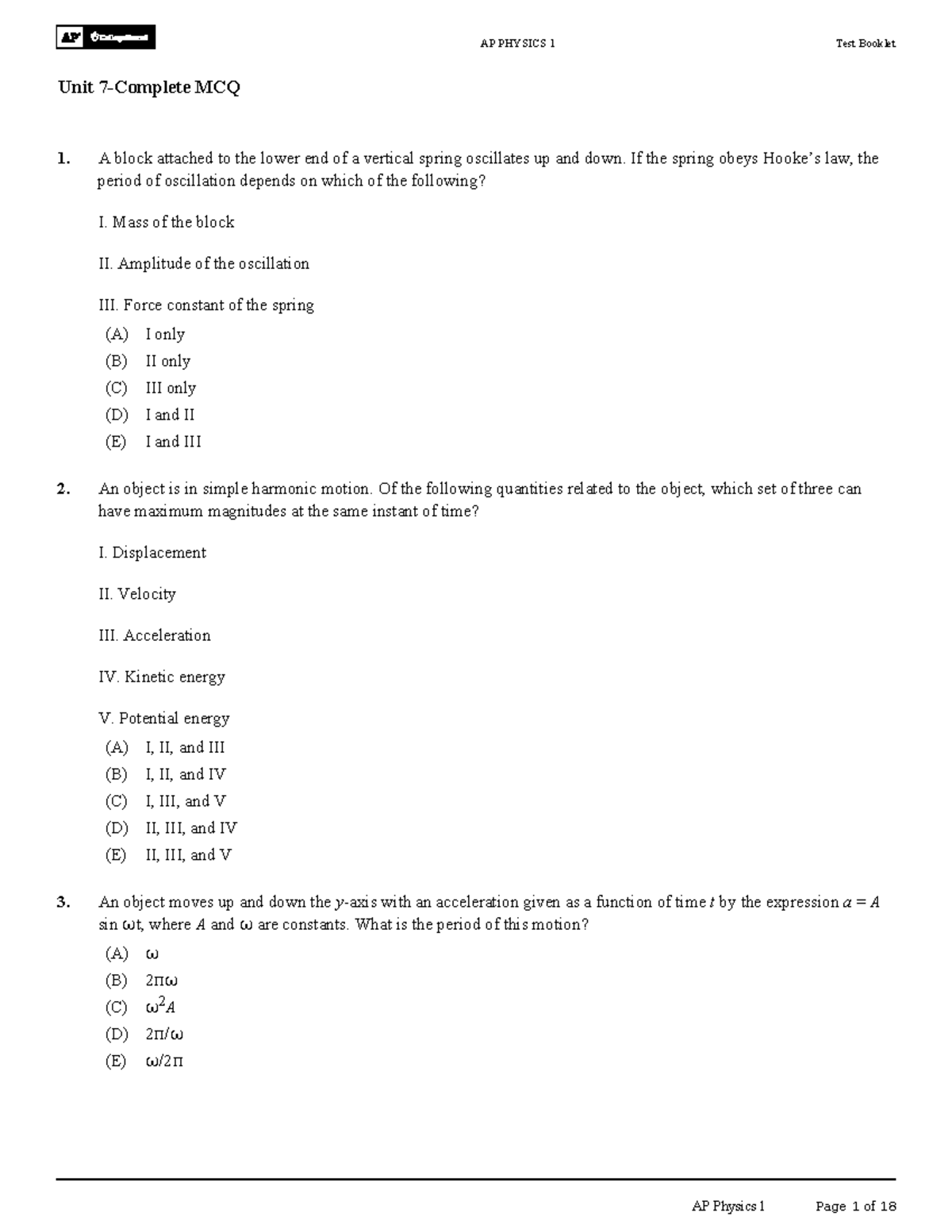 AP PHYSICS 1 Unit 7 Complete MCQ Practice Problems - Studocu