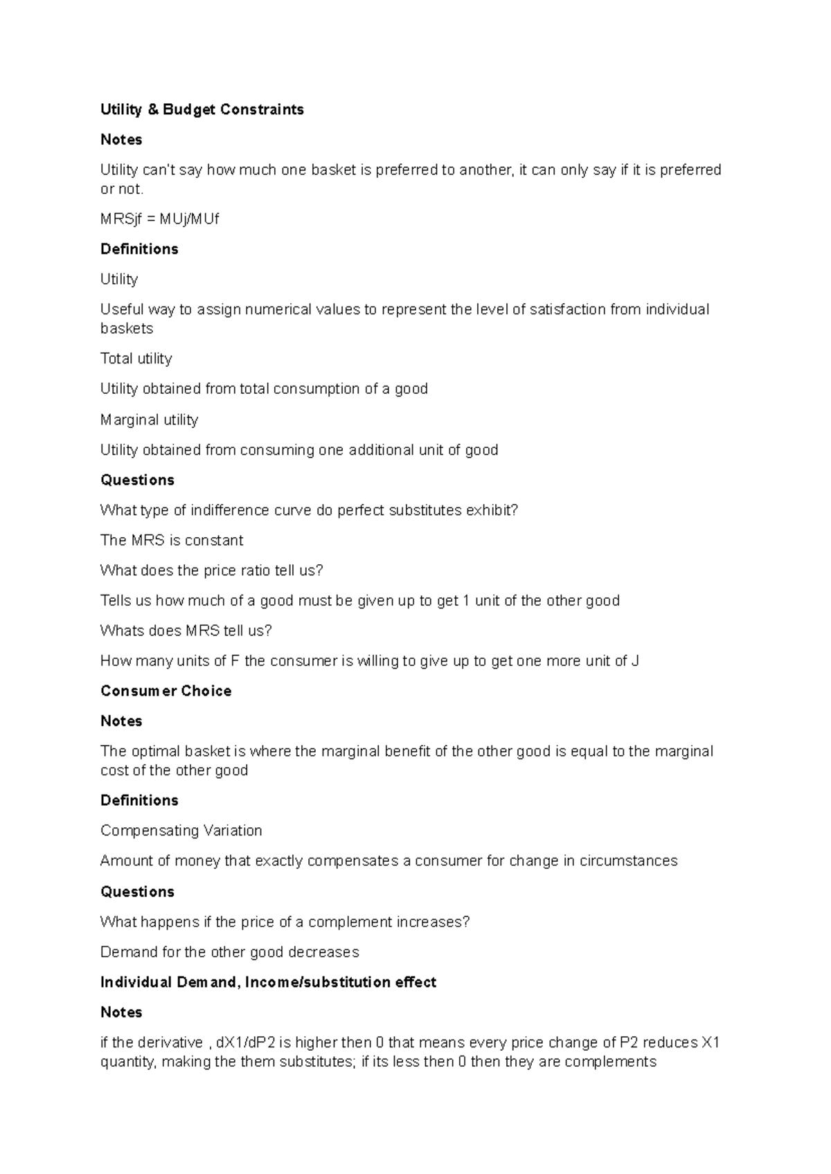 Microeconomics Utility Budget Constraints Notes (Inro Micro 2) - Studocu