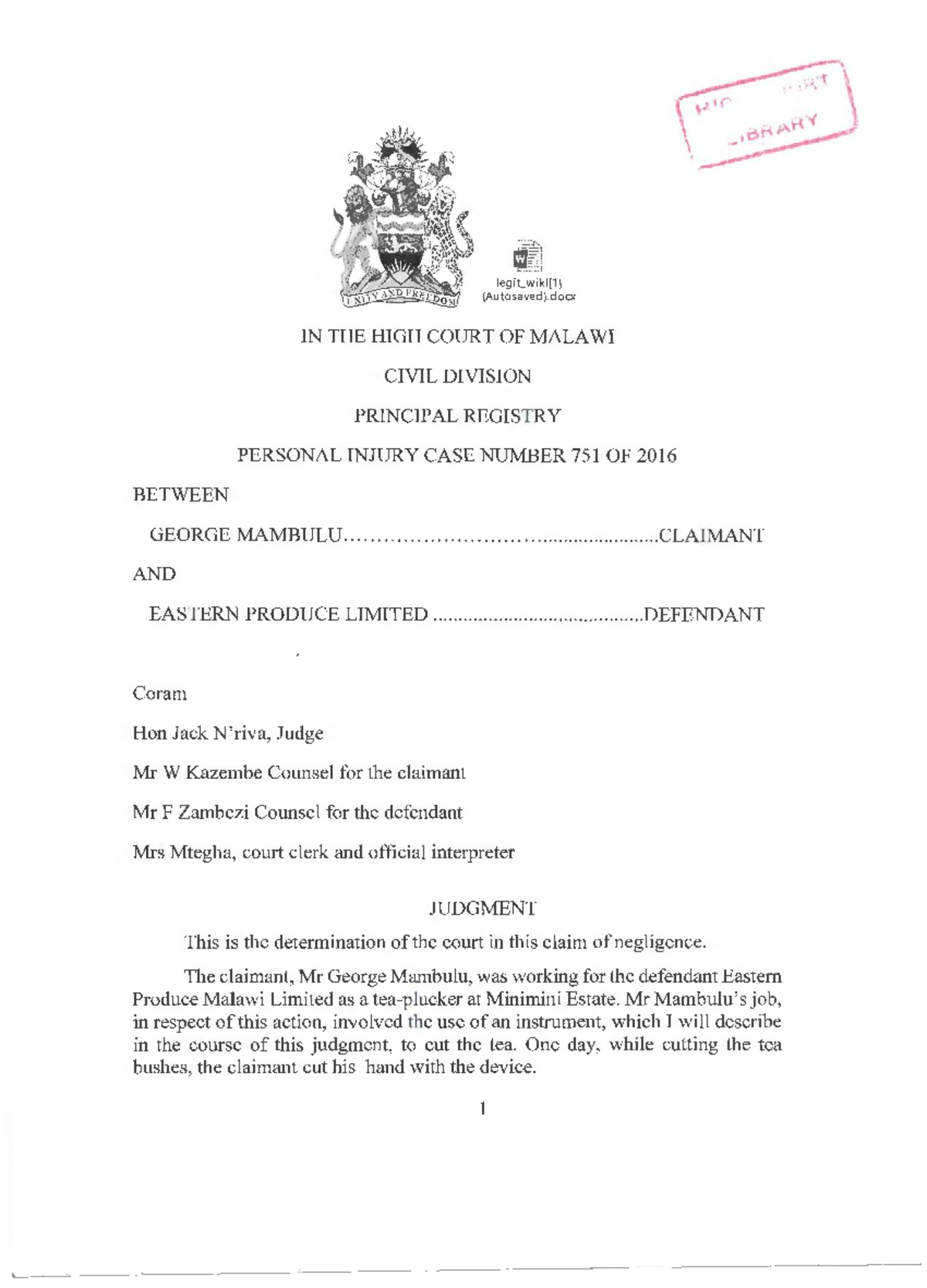 George Mambulu vs. Eastern Produce Ltd: Personal Injury Case 751/2016 ...