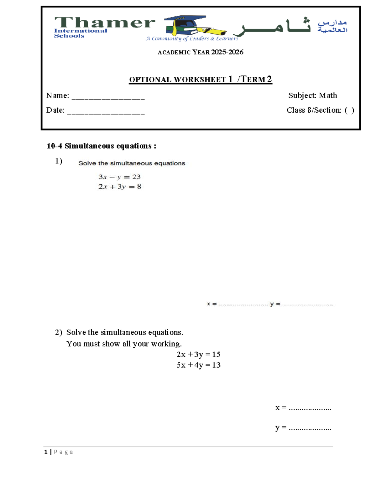 Math Optional Worksheet 1: Simultaneous Equations & Geometry - Studocu