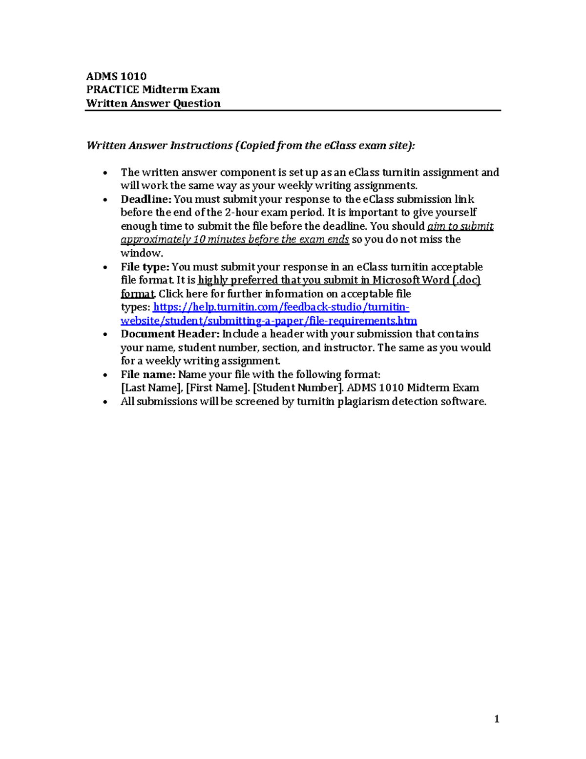 ADMS 1010 Practice Midterm Exam: Written Answer Guidelines - Studocu
