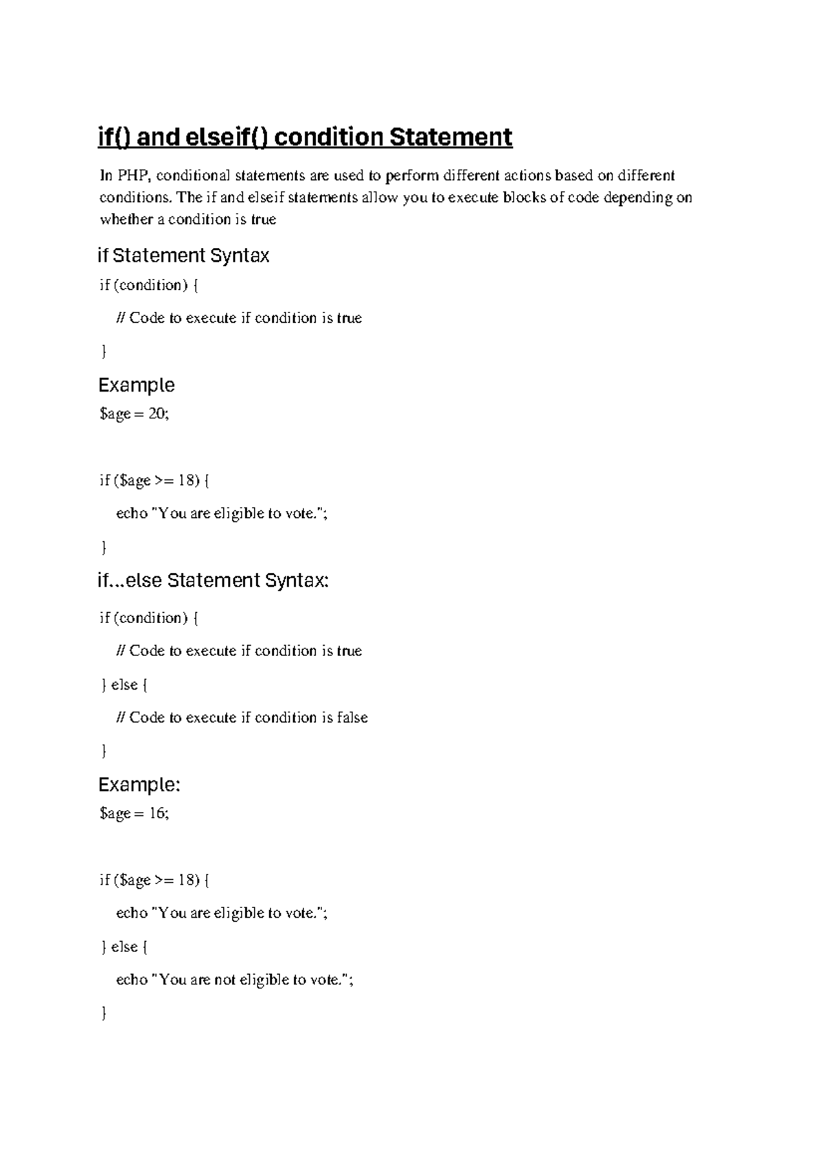 Programming in PHP: IF and ELSE Statement Overview - Studocu