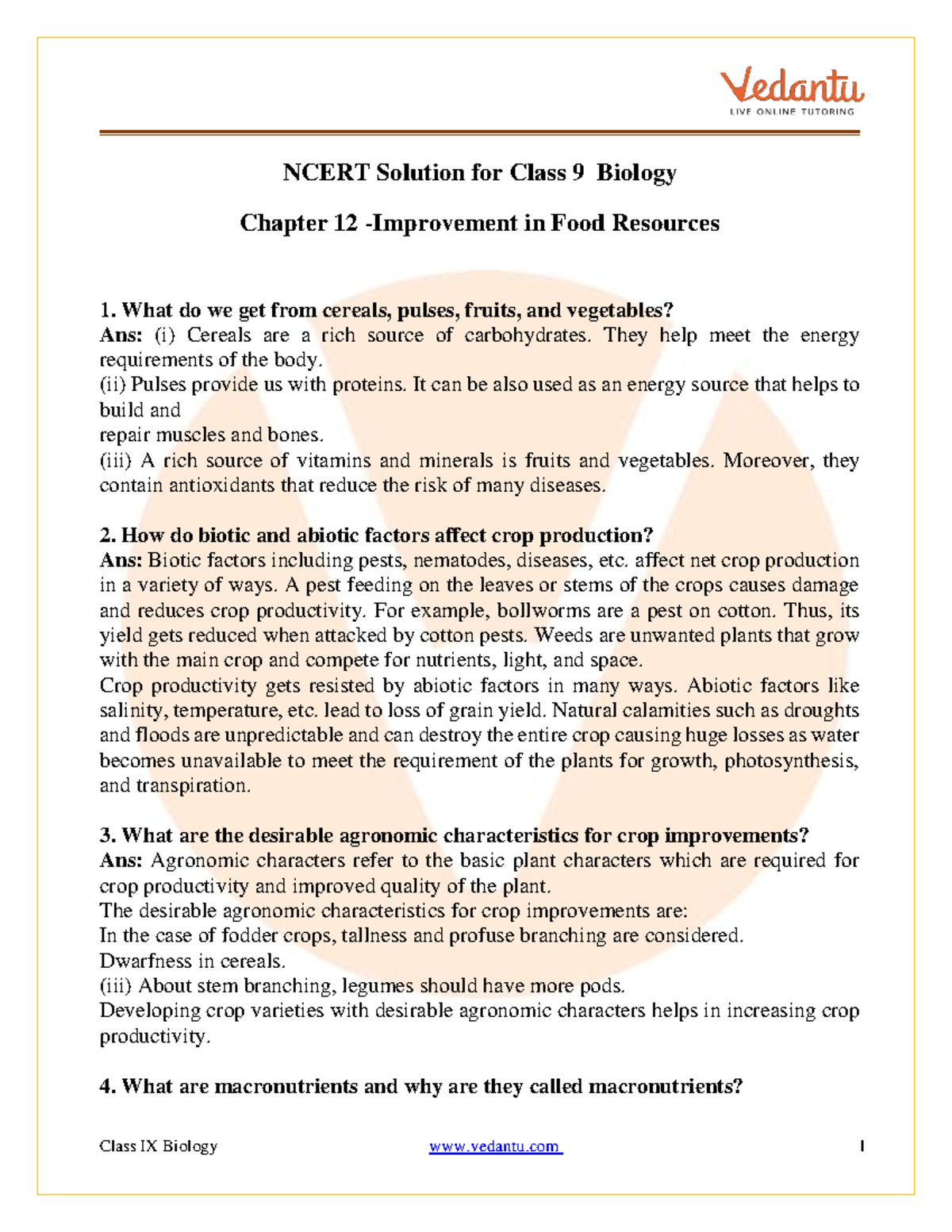 Ncert Solutions for Class 9 Science Chapter 12 Improvement In Food ...
