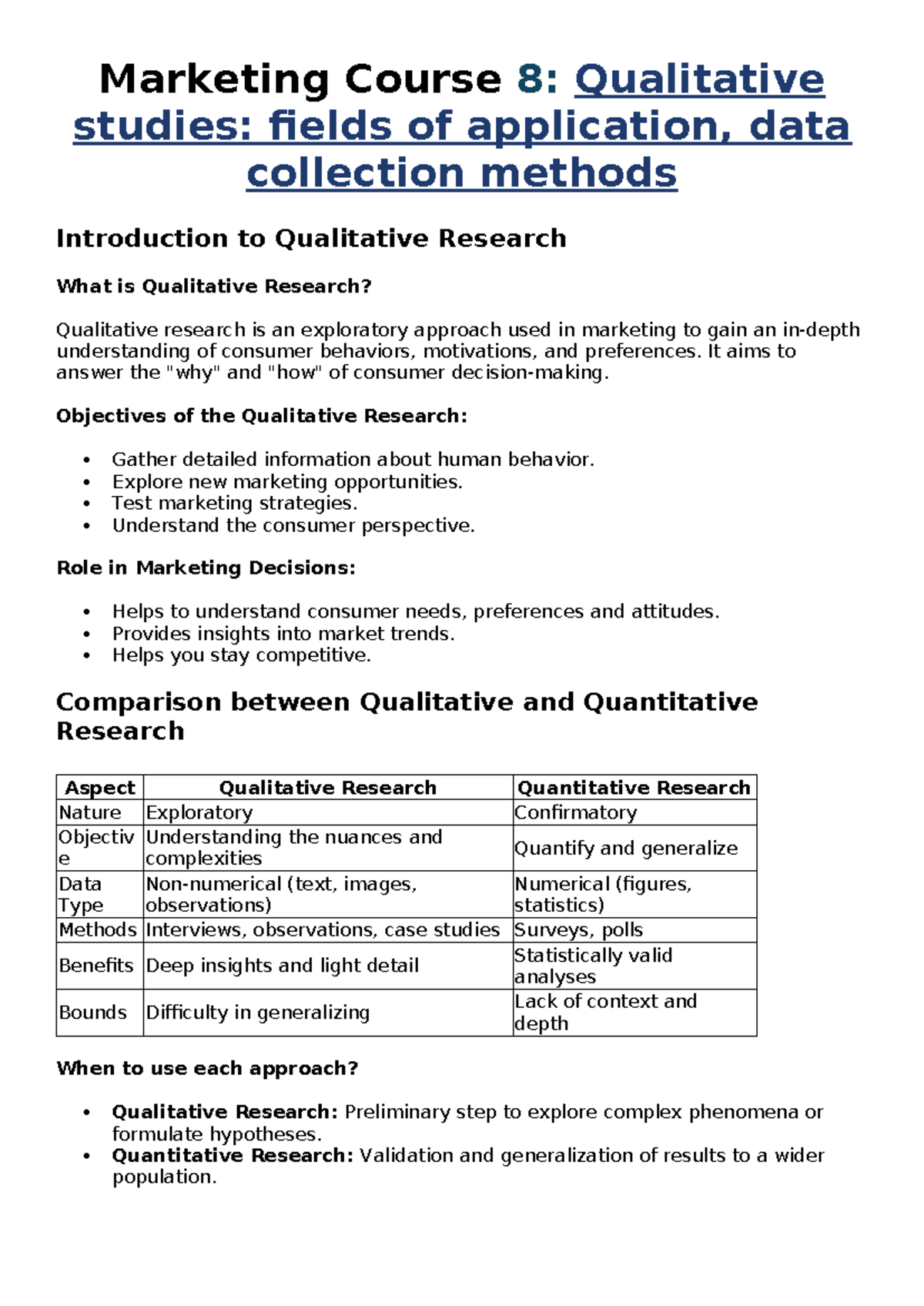 Marketing Course 8 - Qualitative Research: Applications & Methods - Studocu