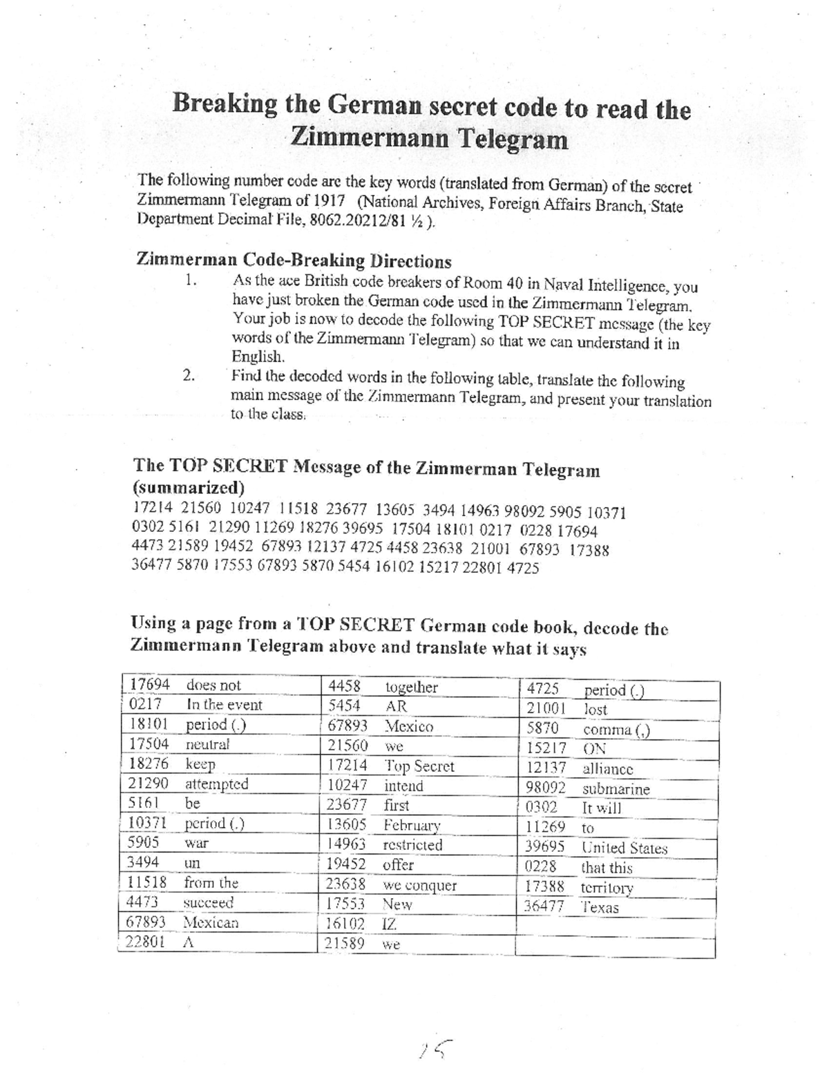 Zimmermann Telegram Activity: Break the German Code (1917) - Studocu