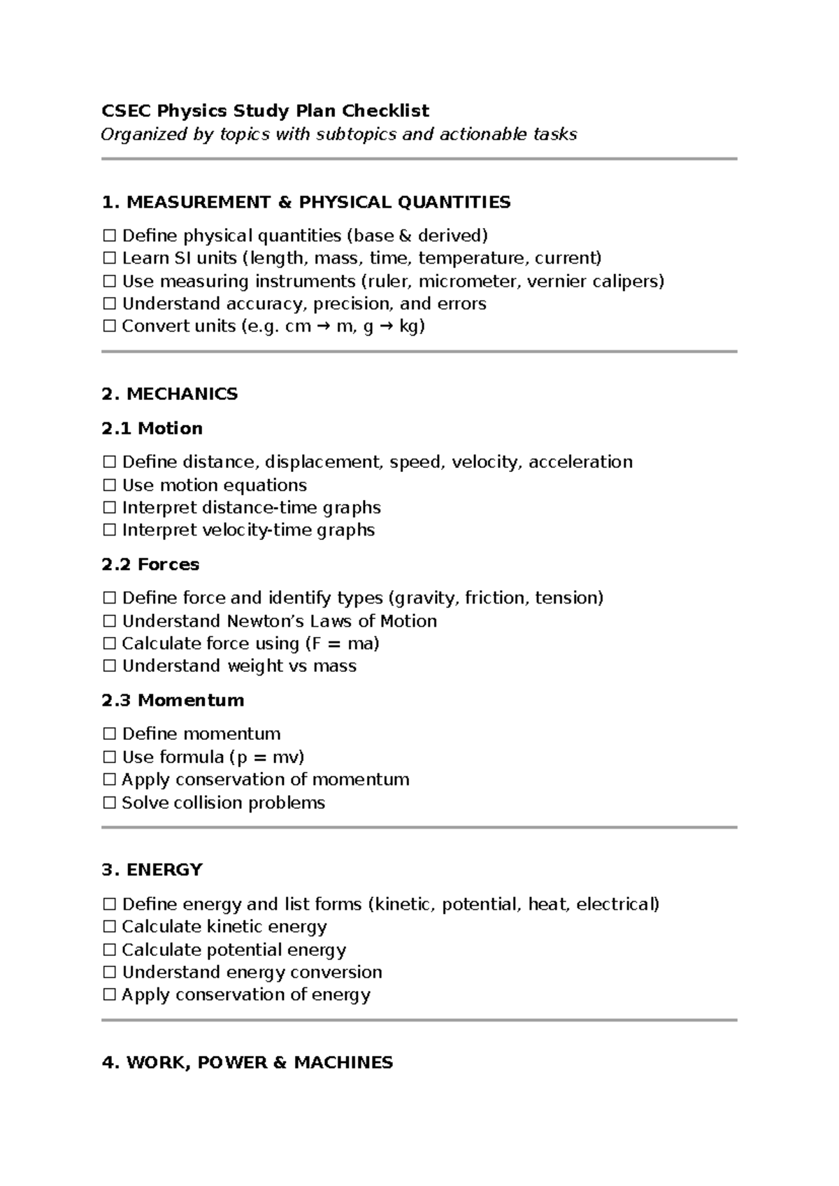 CSEC Physics Study Plan Checklist: Key Topics & Tasks - Studocu