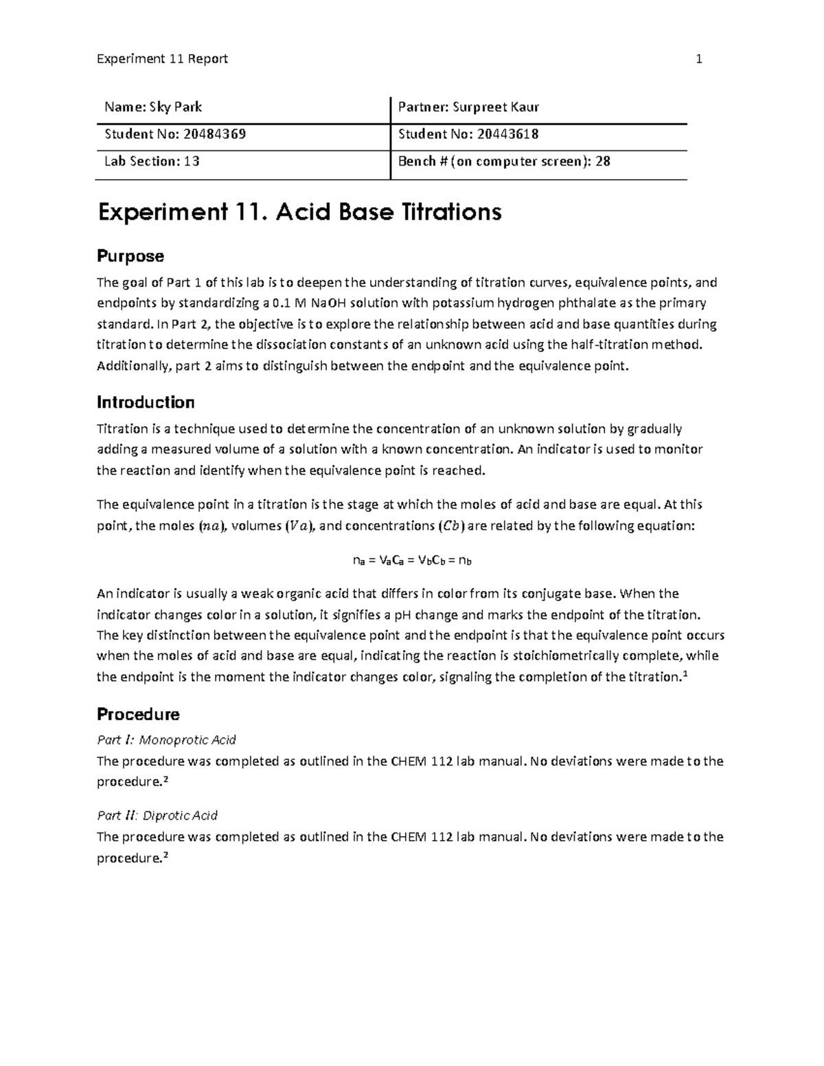 CHEM 112 - Lab Report on Acid-Base Titrations (Lab 11) - Studocu
