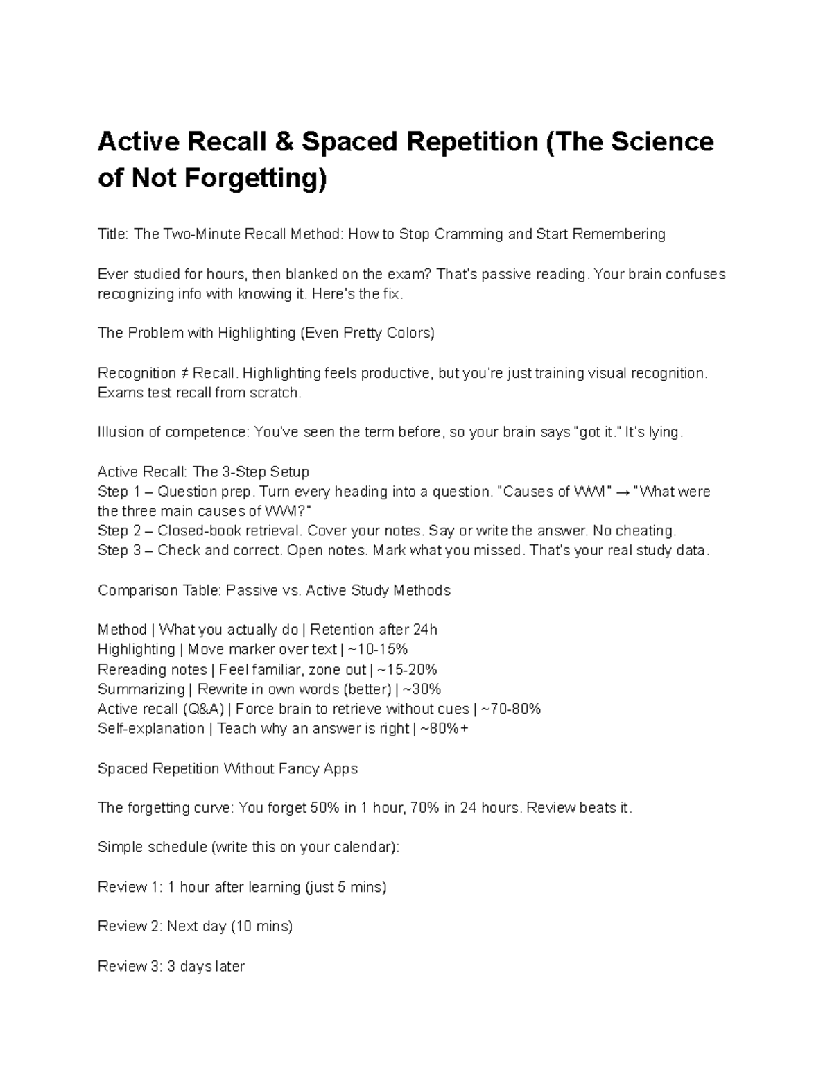 Active Recall & Spaced Repetition: Mastering Memory Techniques - Studocu