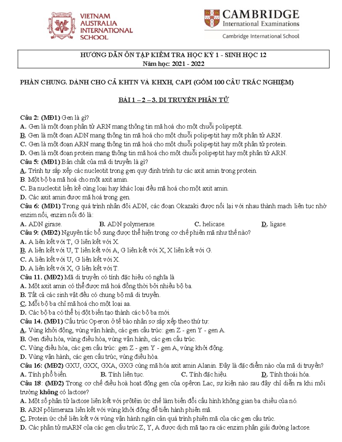 (Dap an)Huong dan on tap kiem tra hoc ky 1 - Sinh hoc 12 - HƯỚNG DẪN ÔN ...