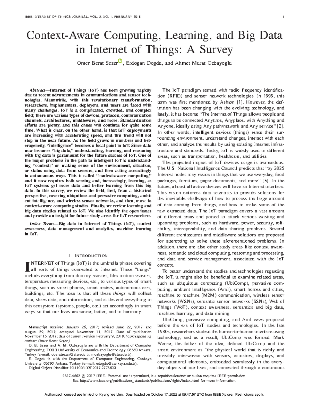 Context-Aware Computing Learning and Big Data in Internet of Things A ...