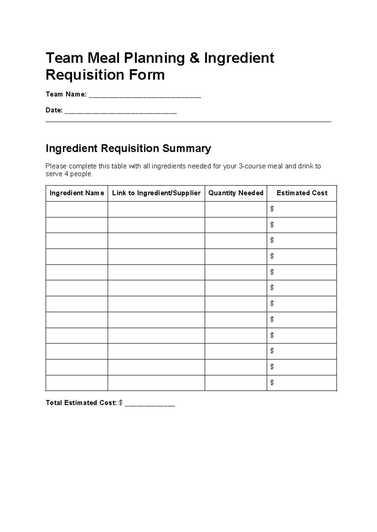 Team Meal Planning & Ingredient Requisition Form Template - Studocu
