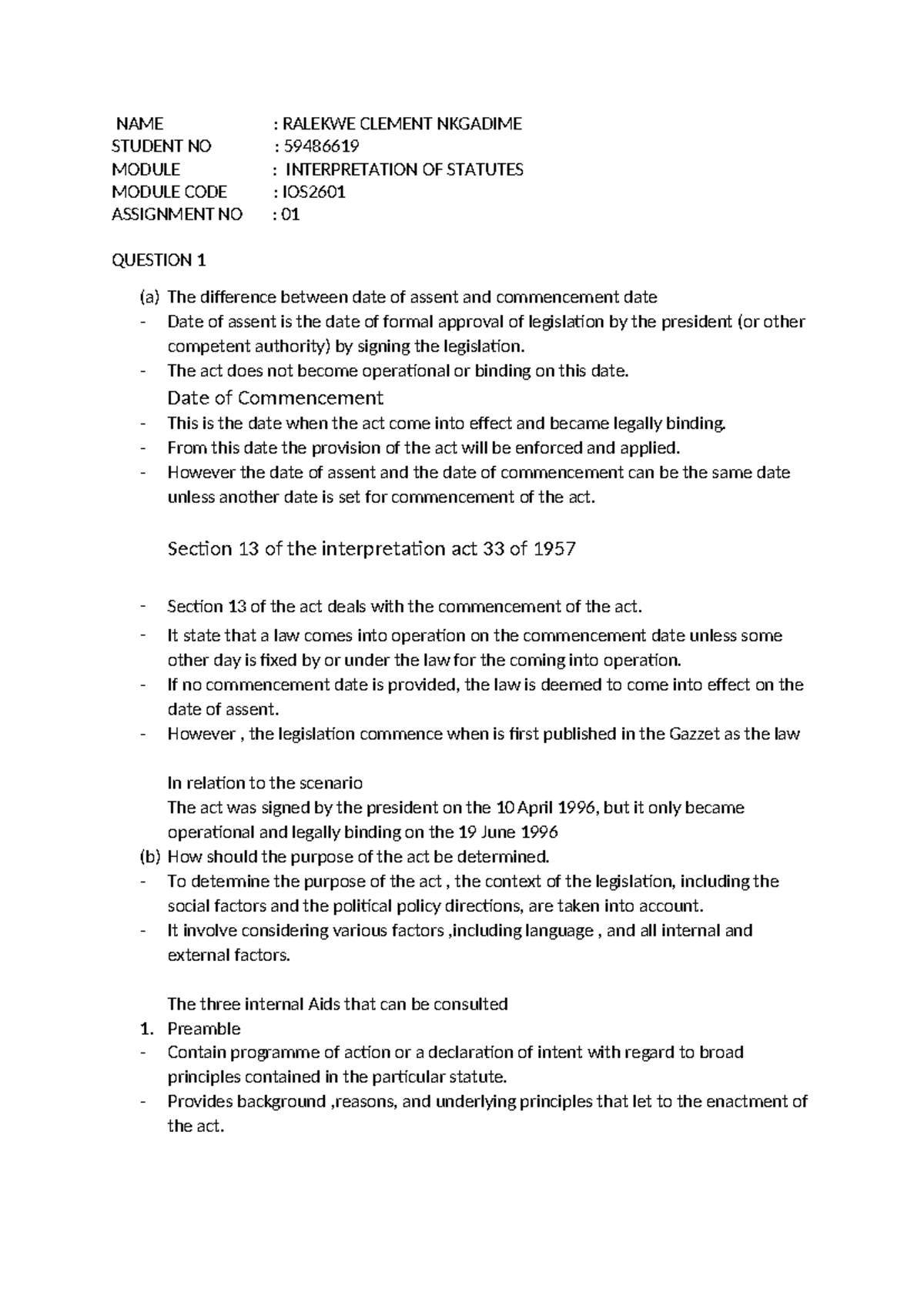 IOS2601 Assignment 01: Interpretation of Statutes Explained - Studocu