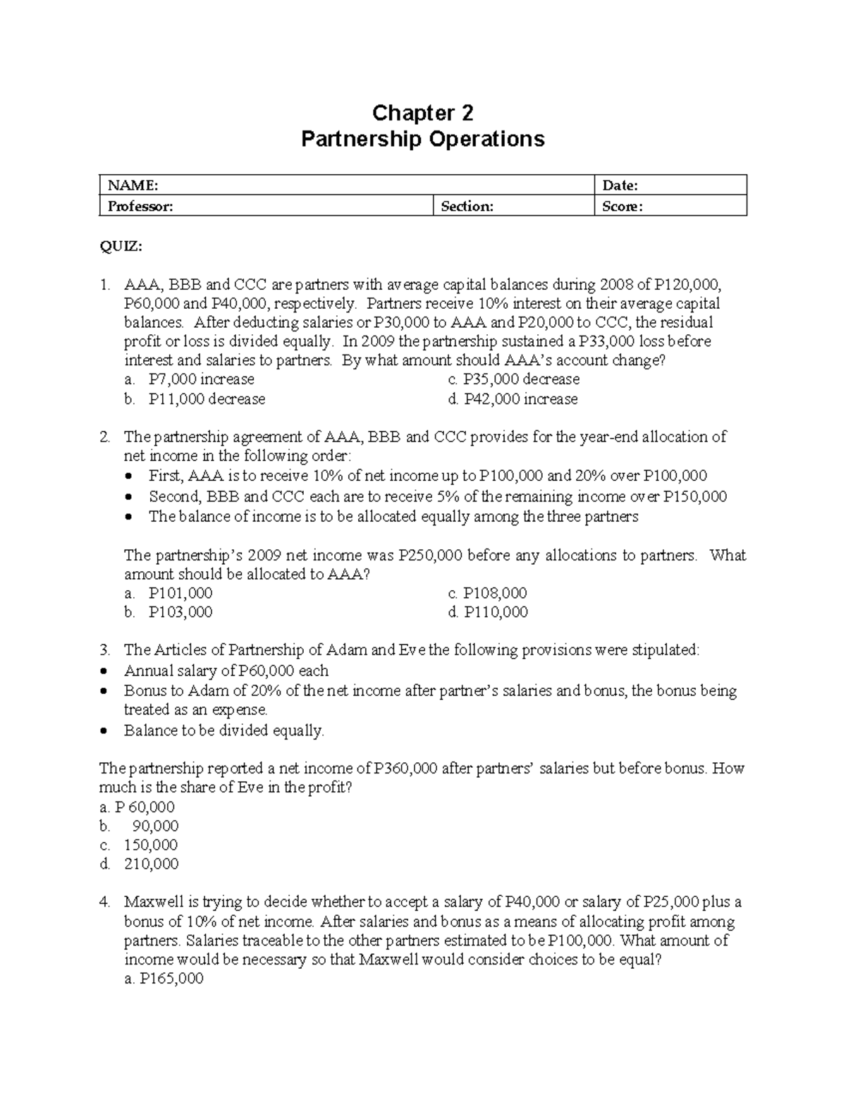 Chapter 2: Partnership Operations Quiz - Key Concepts and Calculations ...