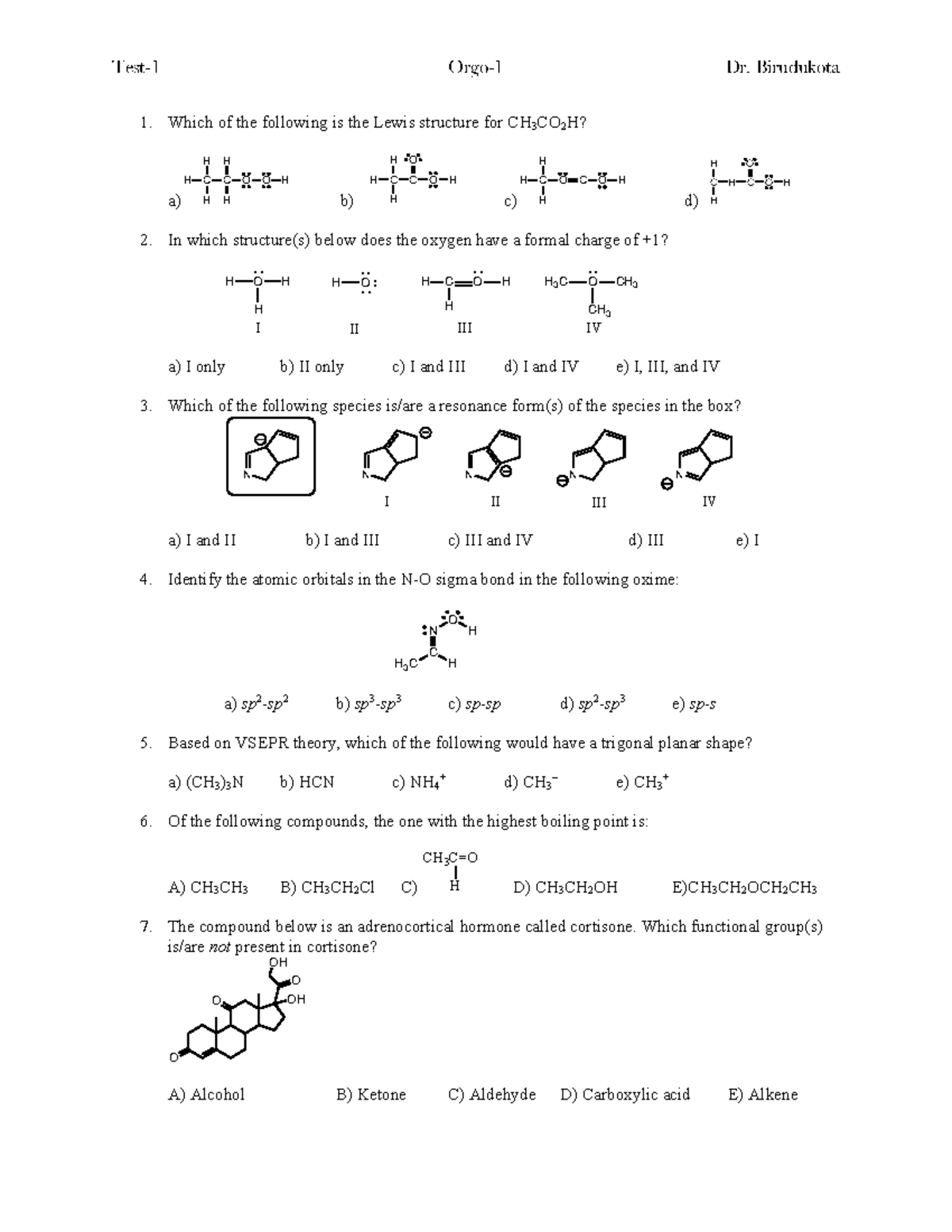 Orgo-1: Practice Test for Exam 1 - Dr. Birudukota - Studocu