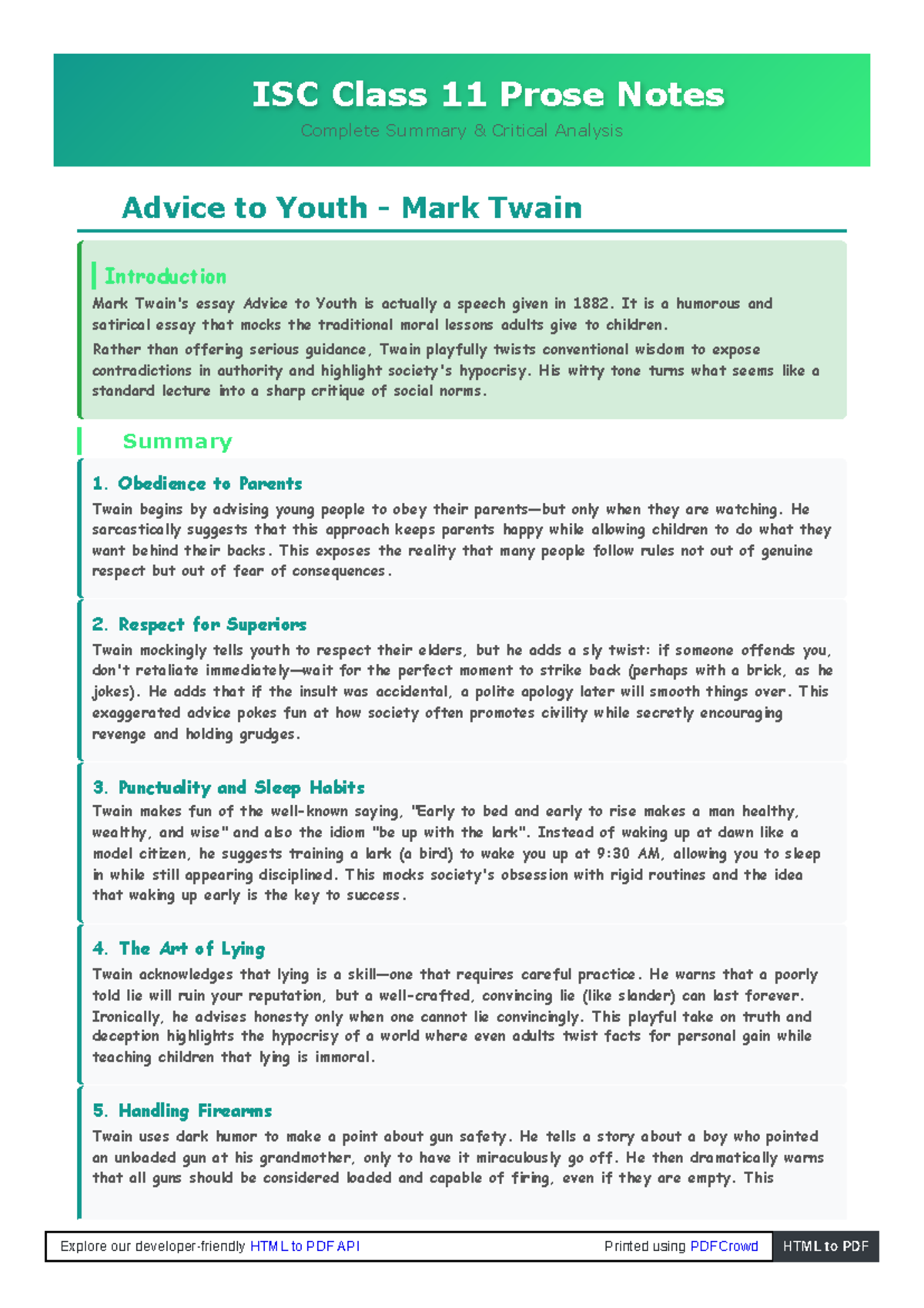 ISC Class 11 Prose Notes: Critical Analysis of 