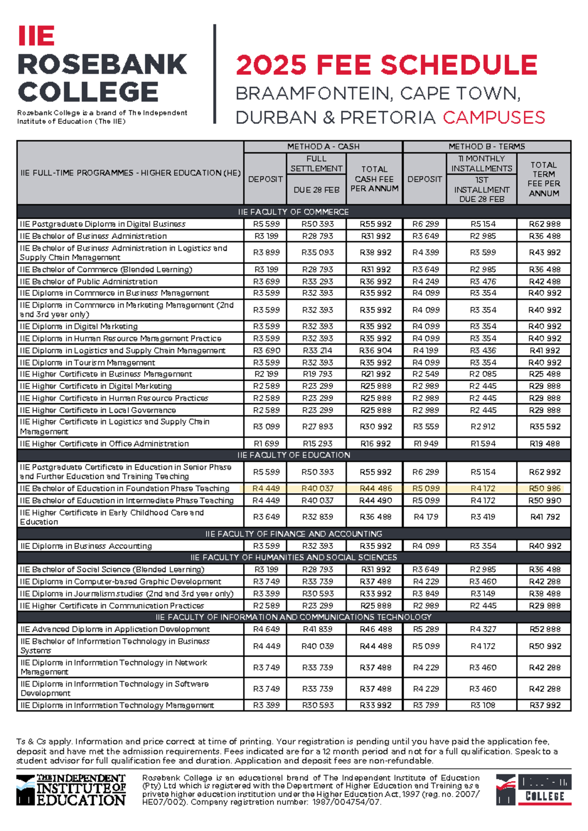 2025 IIE Fee Schedule For Braamfontein Cape Town Durban Pretoria 