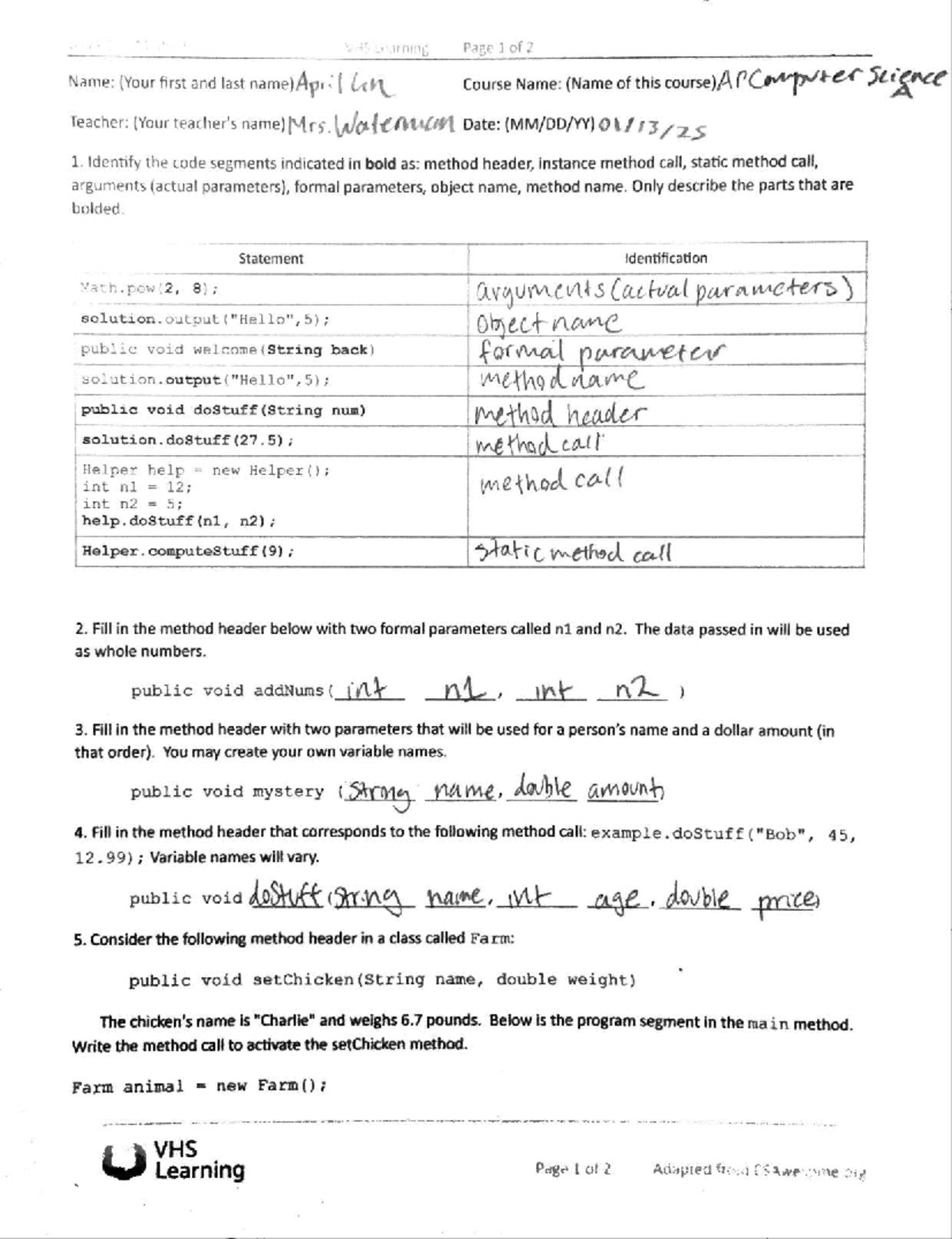 AL16-04 - AP Computer Science A Classwork on Method Identification ...