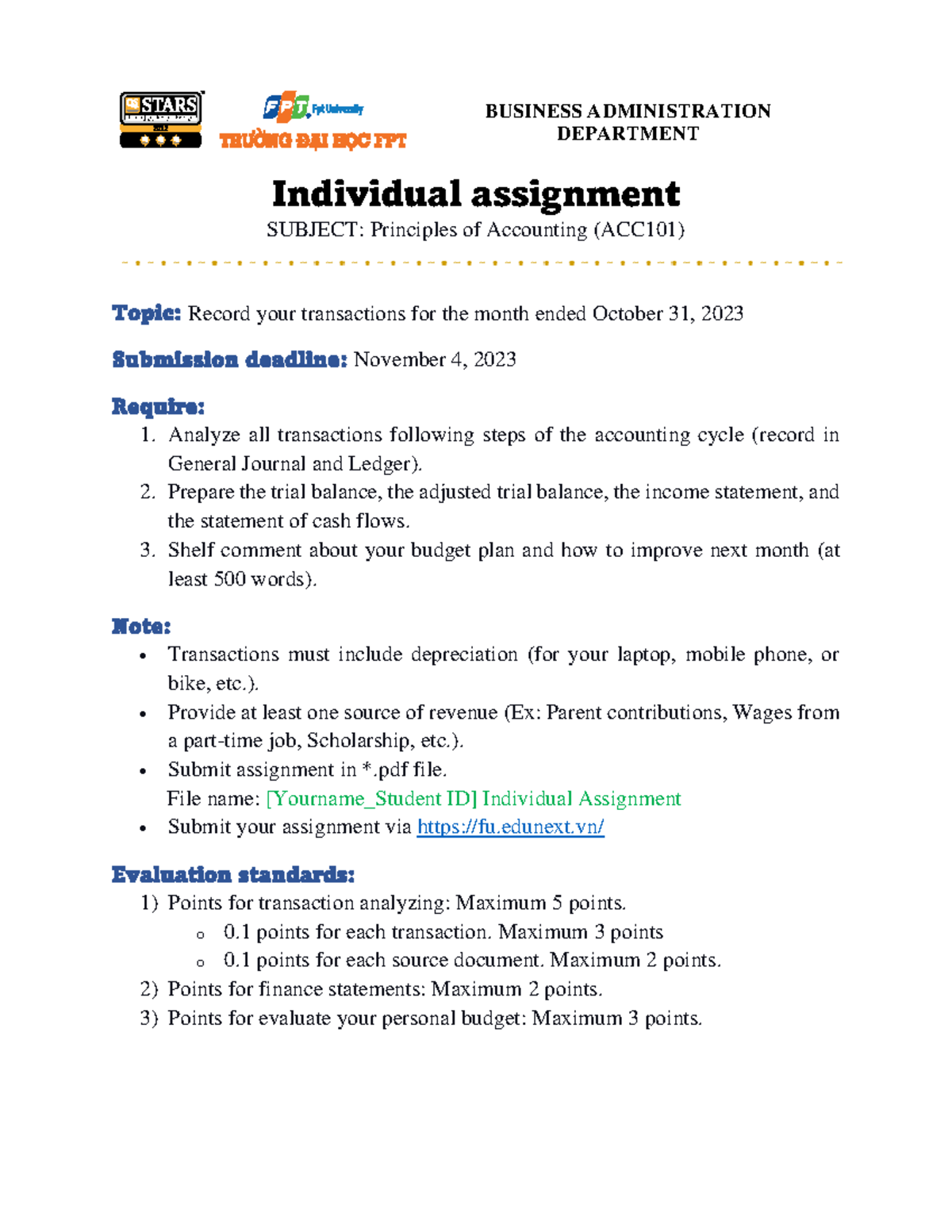 ACC101 Individual assignment - BUSINESS ADMINISTRATION DEPARTMENT ...