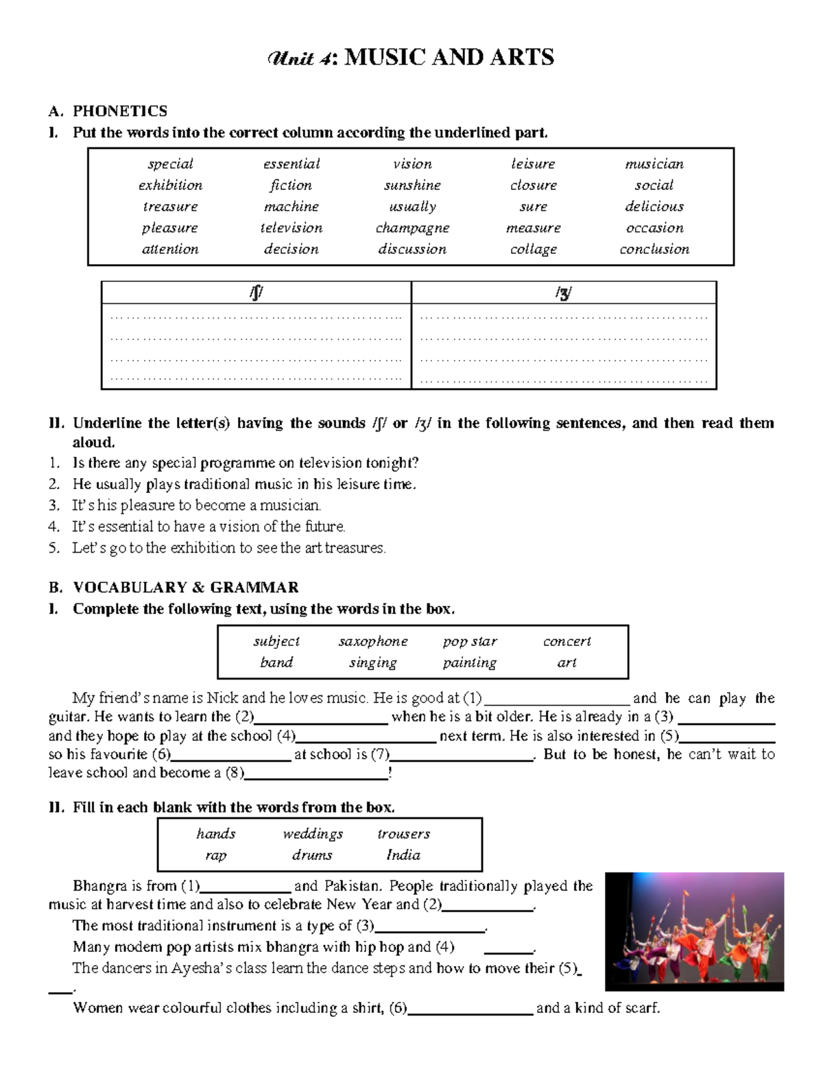 Bài tập Tiếng Anh 7 Lưu Hoằng Trí trang - Unit 4: MUSIC AND ARTS A ...