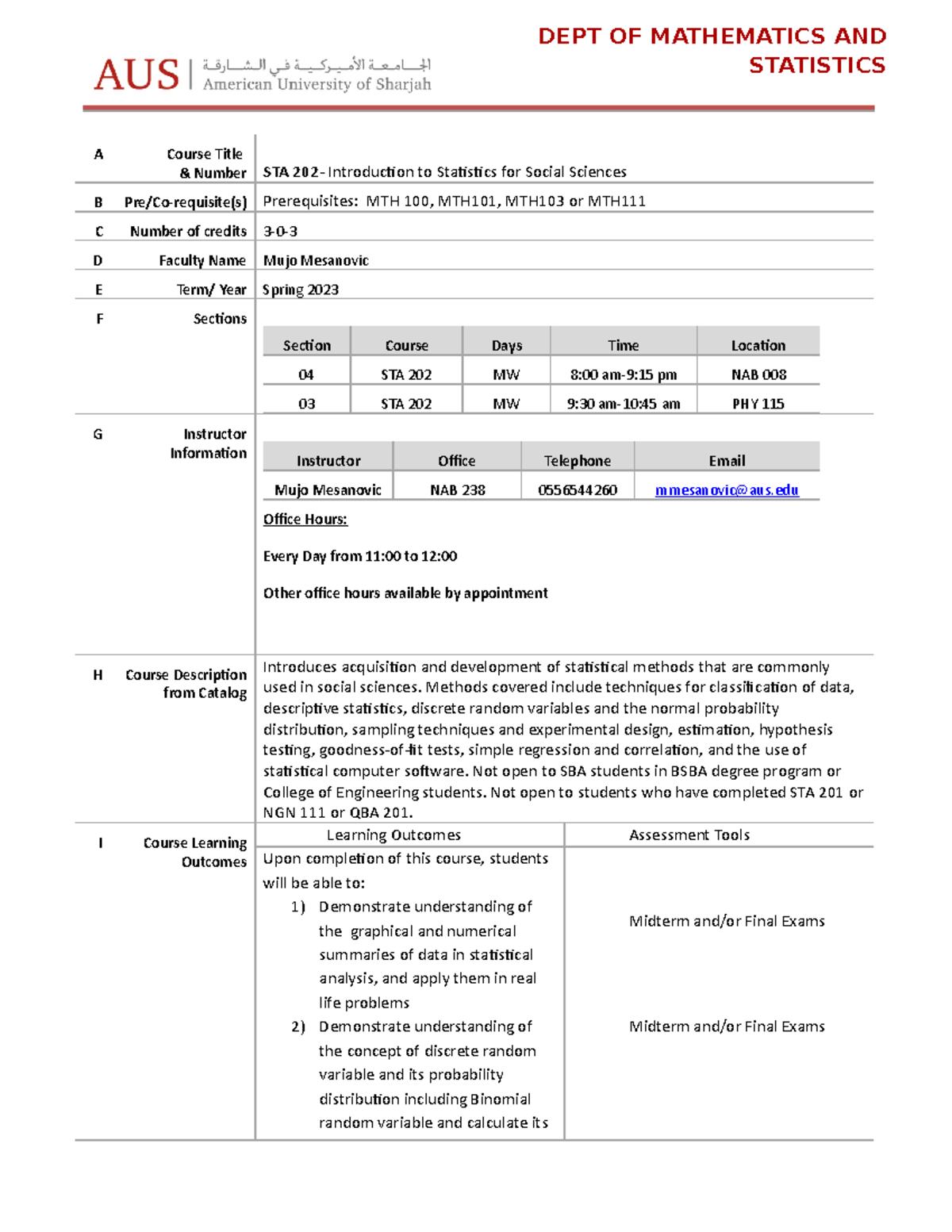 STA 202 Syllabus - Introduction to Statistics for Social Sciences ...