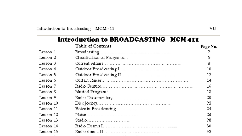 Introduction to Broadcasting MCM 411: Comprehensive Lesson Notes - Studocu
