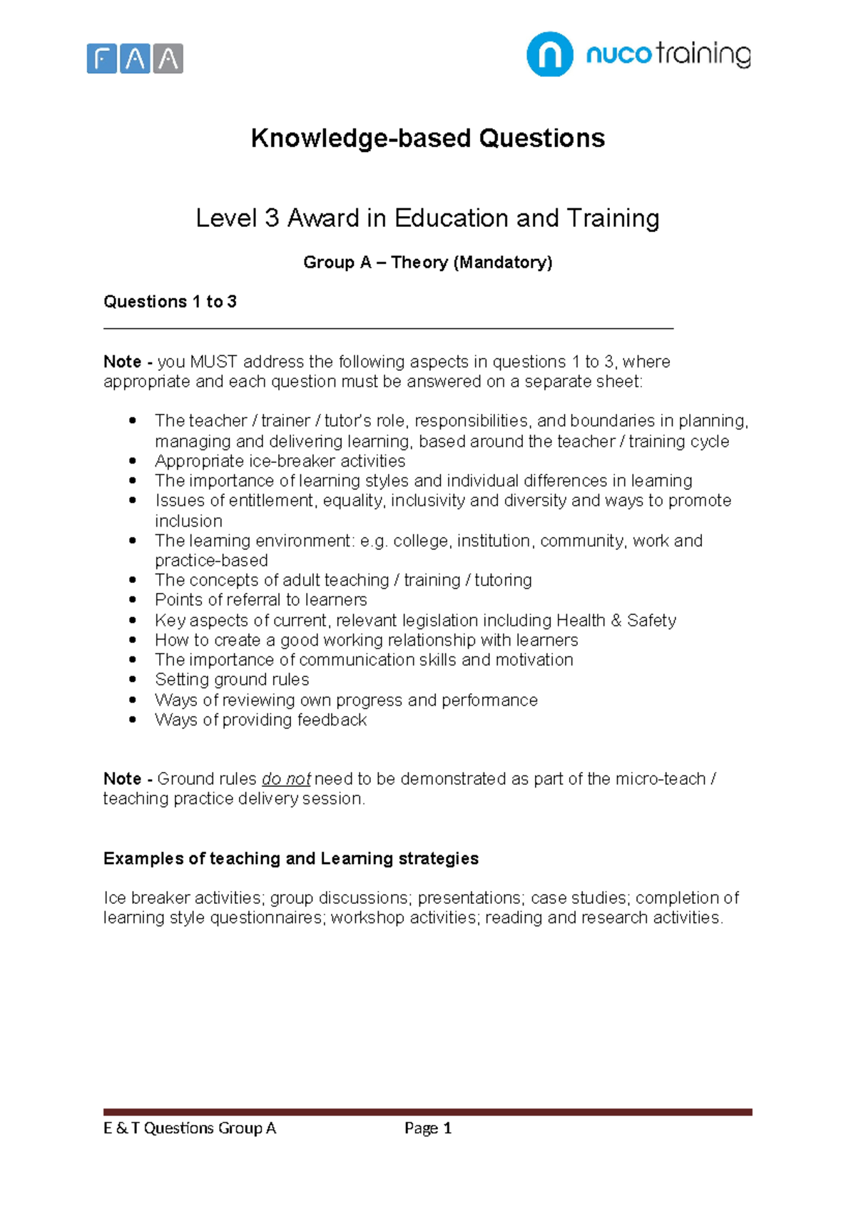 Group A Questions 1-3 - here is my first aid at work teaching module ...