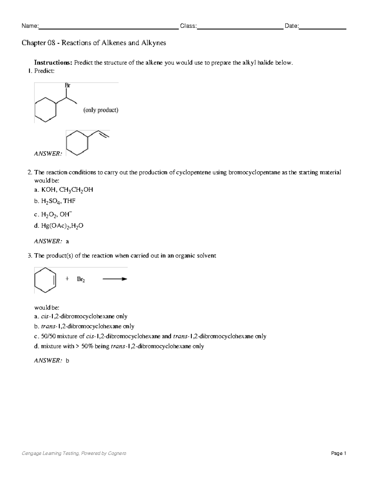 Chapter 08: Reactions of Alkenes and Alkynes - Practice Materials - Studocu