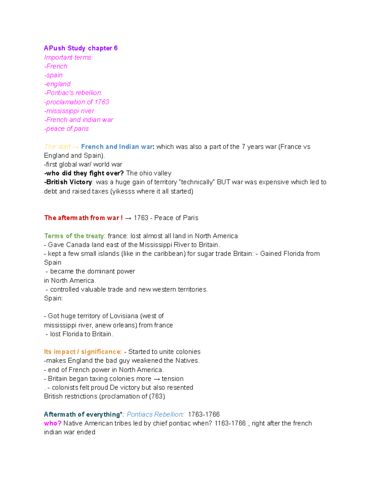 APUSH Chapter 6 & 7 Study Guide: French and Indian War Aftermath - Studocu
