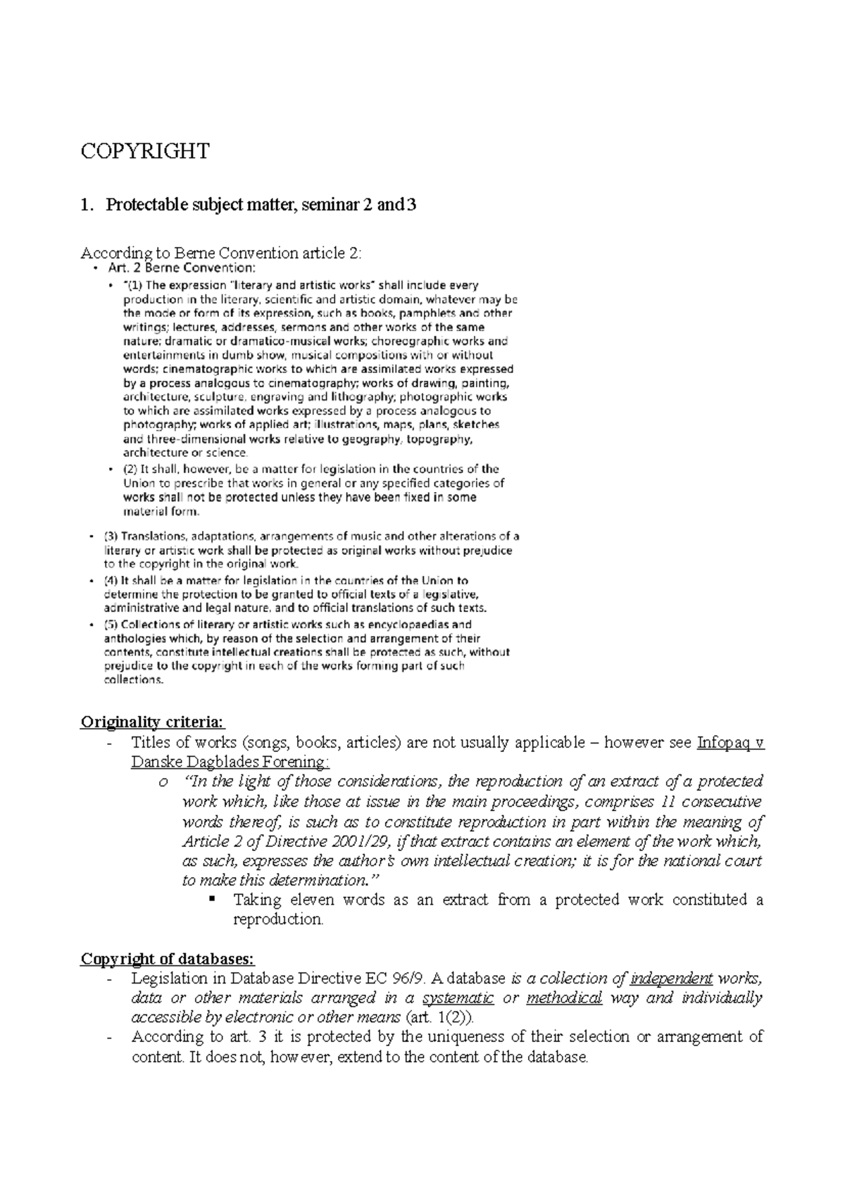 Copyright - Eksamensnoter: Protectable Subject Matter & Exclusive ...