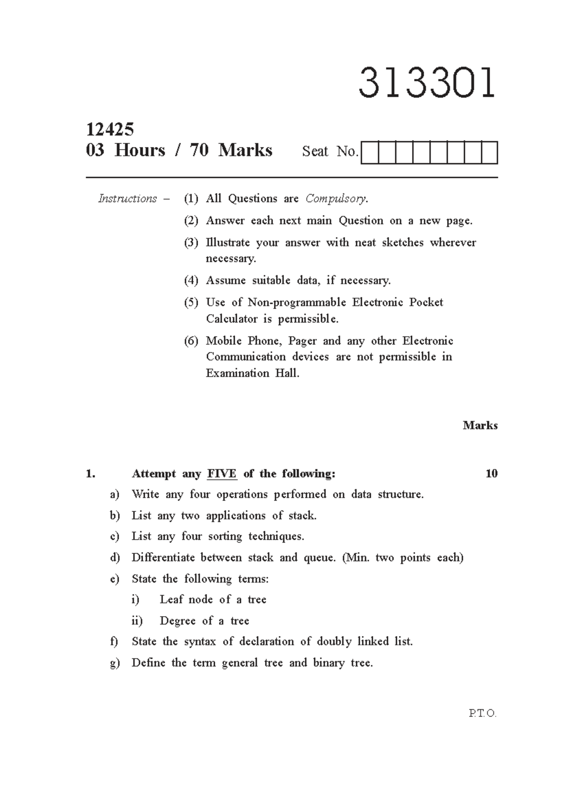 313301 Data Structures Question Paper - 70 Marks Exam - Studocu