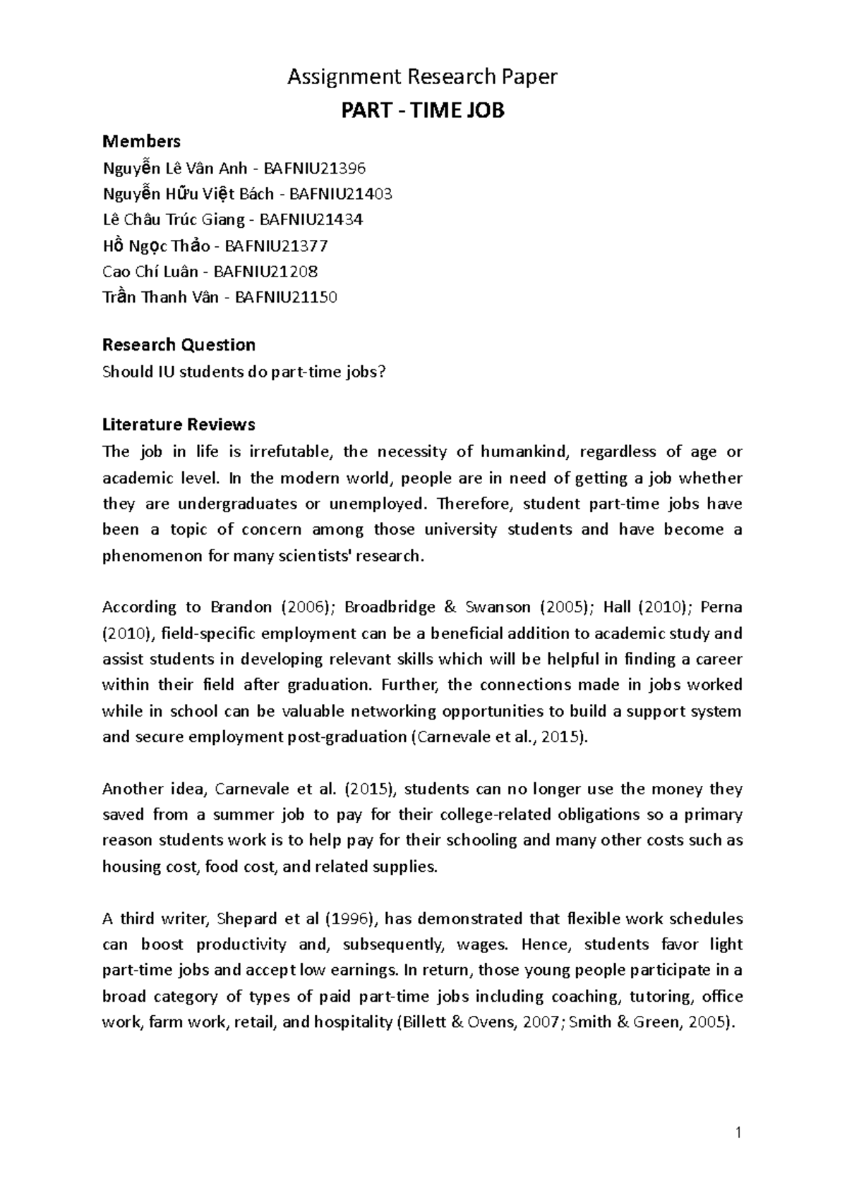 Final research group 4 - Assignment Research Paper PART - TIME JOB ...