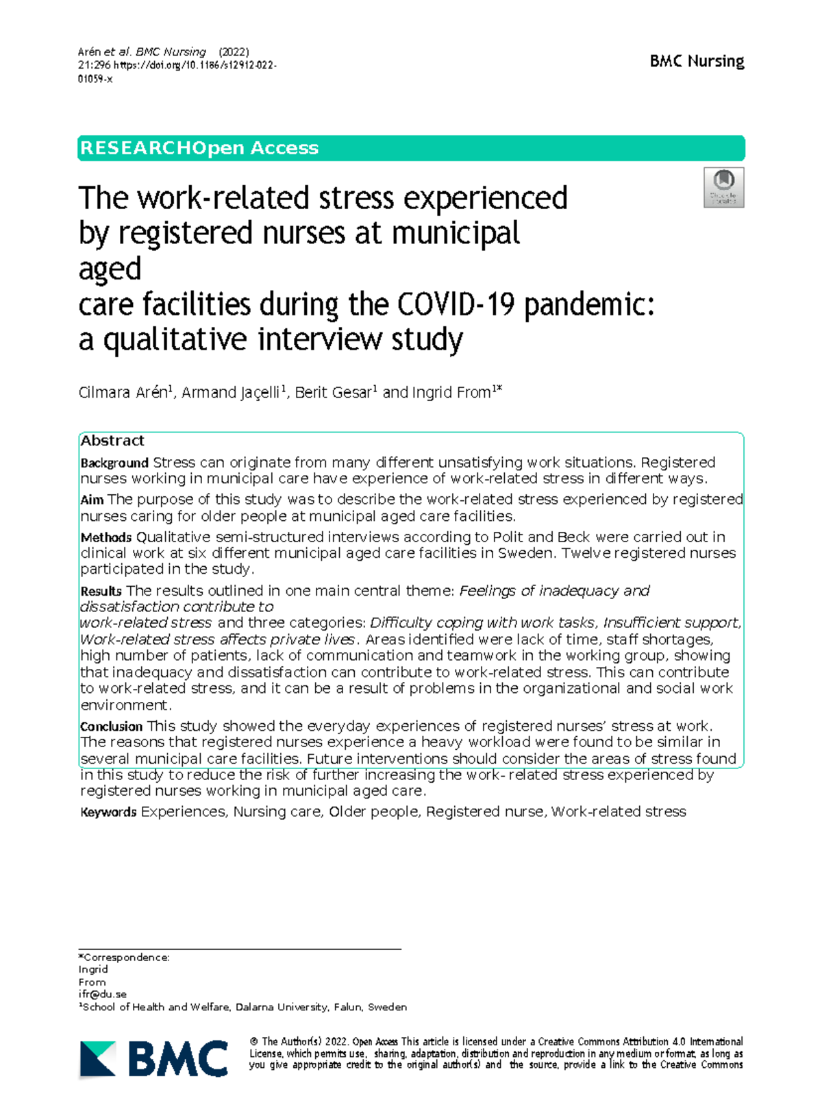 Work-Related Stress Among Nurses in Municipal Aged Care: A Study - Studocu