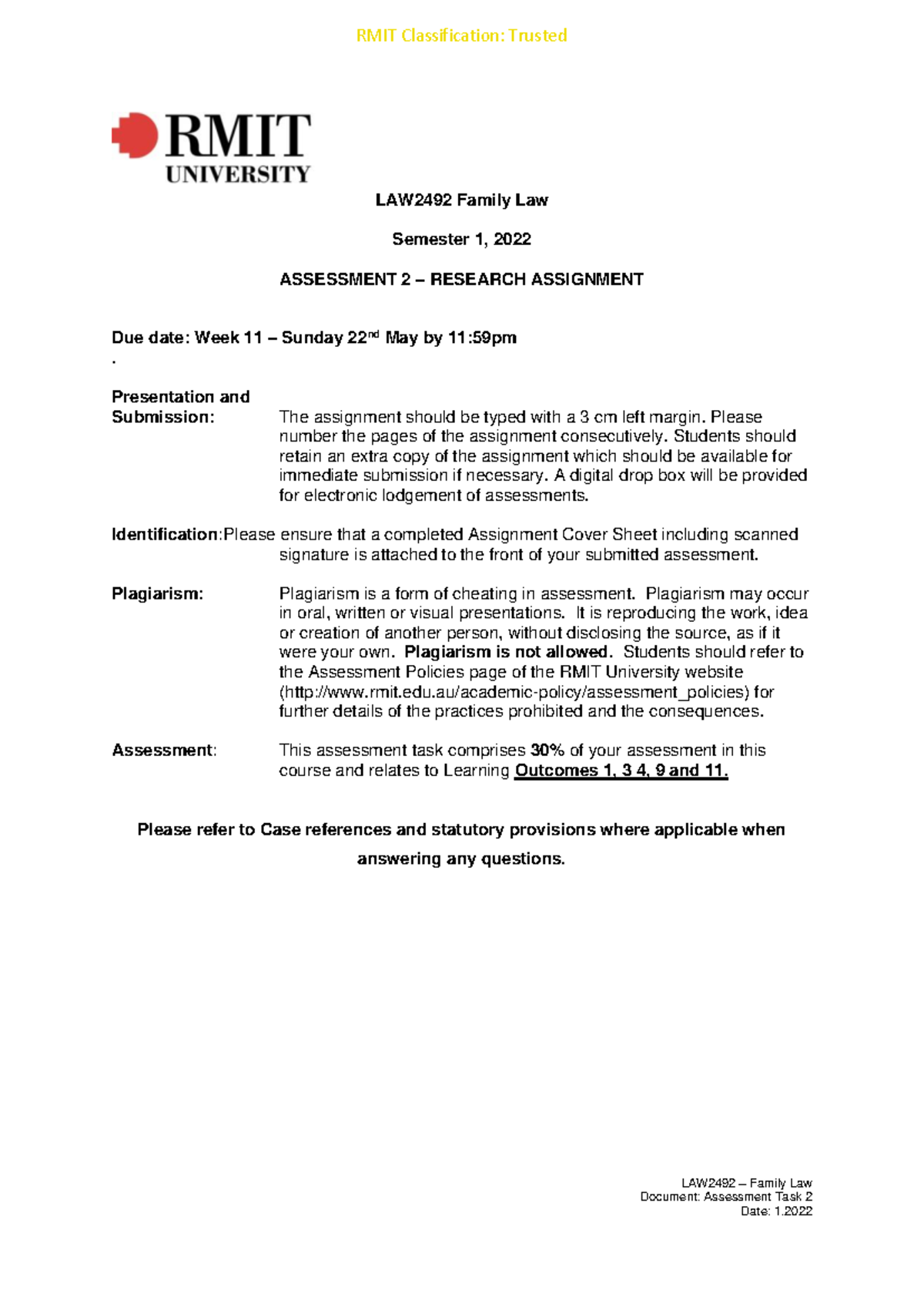 LAW2492 - Family Law Assessment 2 - Research Assignment Outline - Studocu