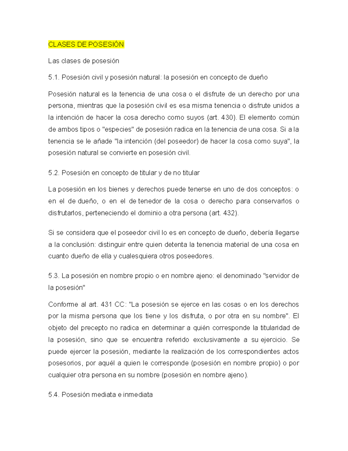 Clases de Posesión: Análisis de Tipos y Aspectos Jurídicos - Studocu